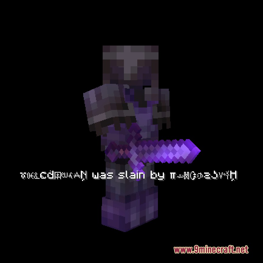 Silent Grave Whispers Mod Screenshot 1 A dark armored Minecraft character holding a purple sword with scrambled death text