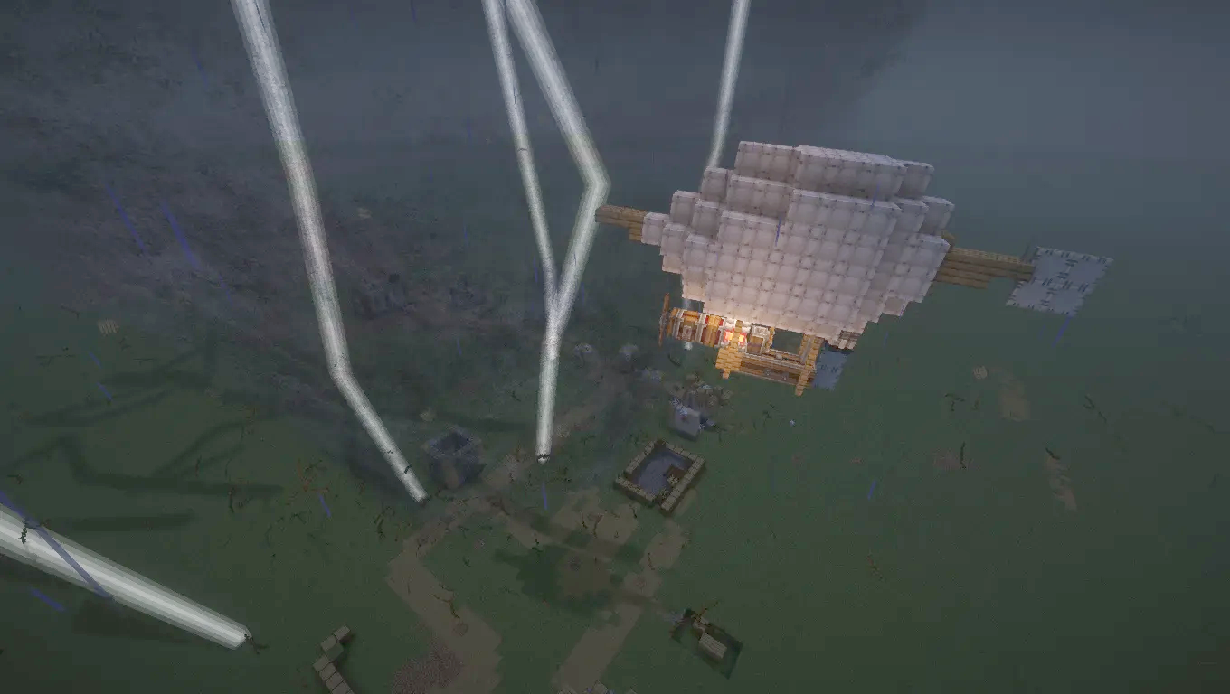 A simple hot air balloon flying through a dark storm with large white tornadoes