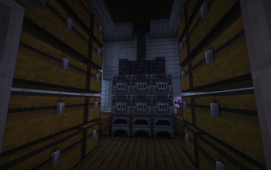 Simple Medieval Survival House Schematic Screenshots 1 A medieval storage room filled with wooden chests and a furnace wall