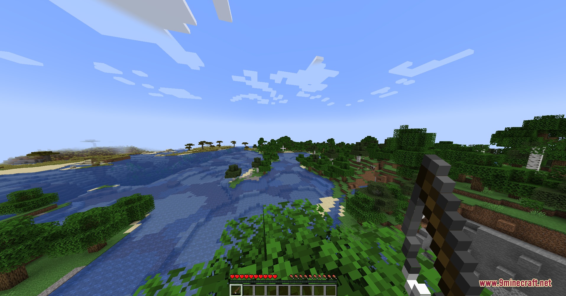 Simple Orbital Strike Mod Screenshot 1 A player holding a fishing rod while looking at a scenic river landscape