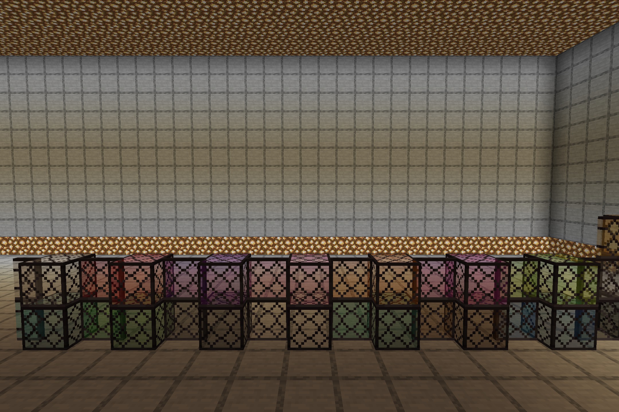 Simple Rustic Glass Resource Pack Screenshot 1 Showcase of various colored glass blocks with rustic dark iron frames in Minecraft