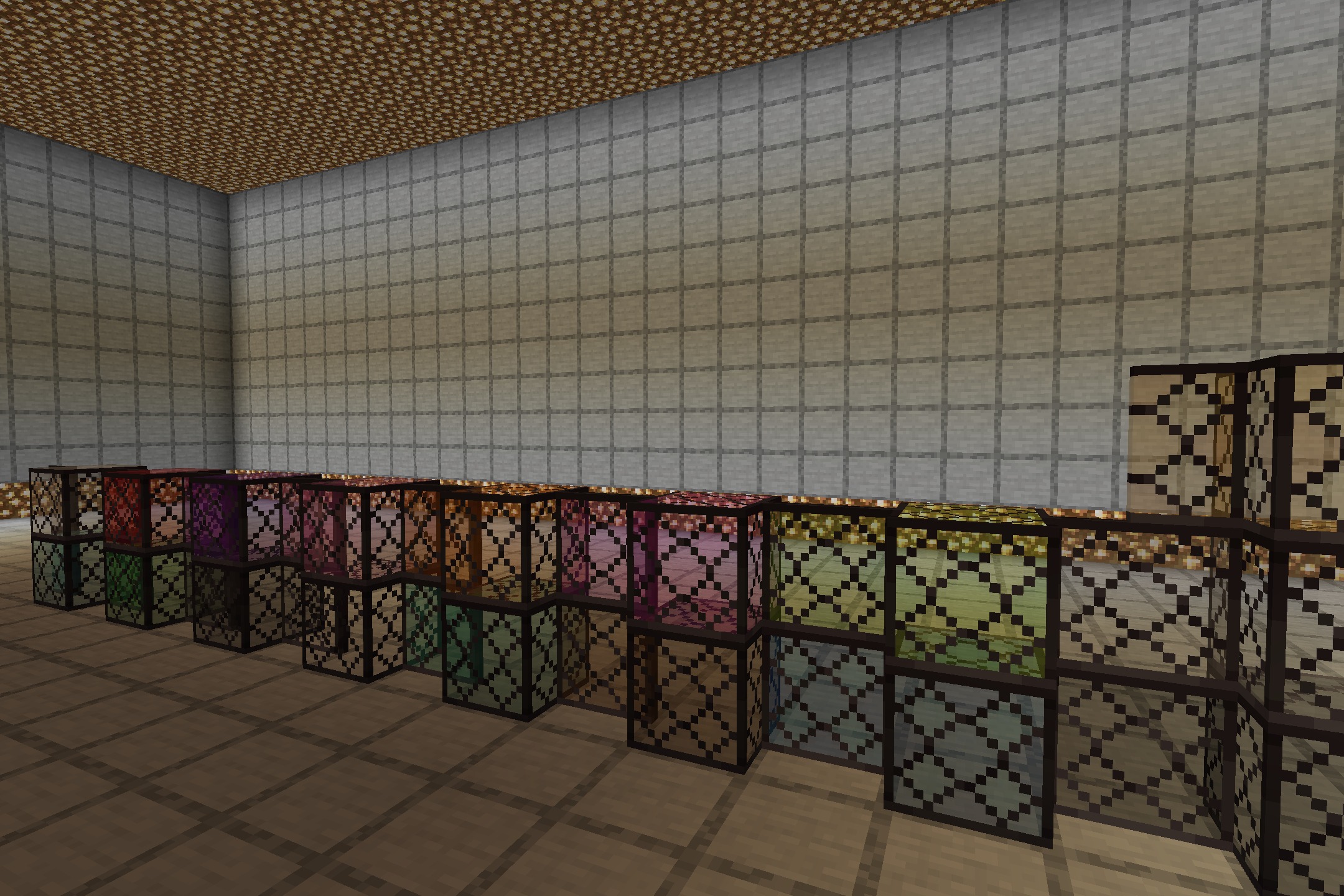 Simple Rustic Glass Resource Pack Screenshot 2 Perspective view of stained glass blocks featuring dark rustic borders and clear centers