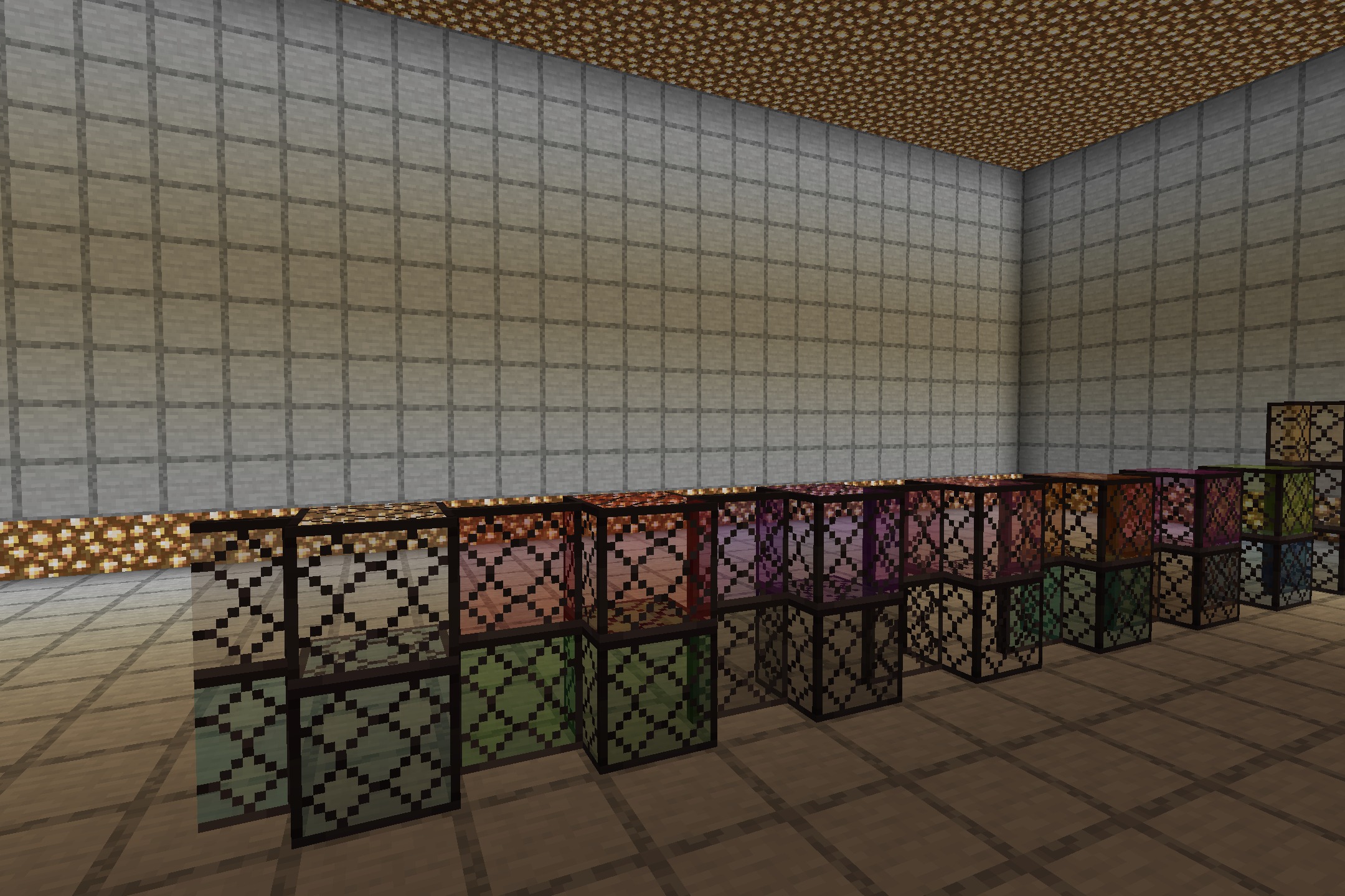 Simple Rustic Glass Resource Pack Screenshot 3 Various colored stained glass blocks featuring rustic dark iron frames in a room