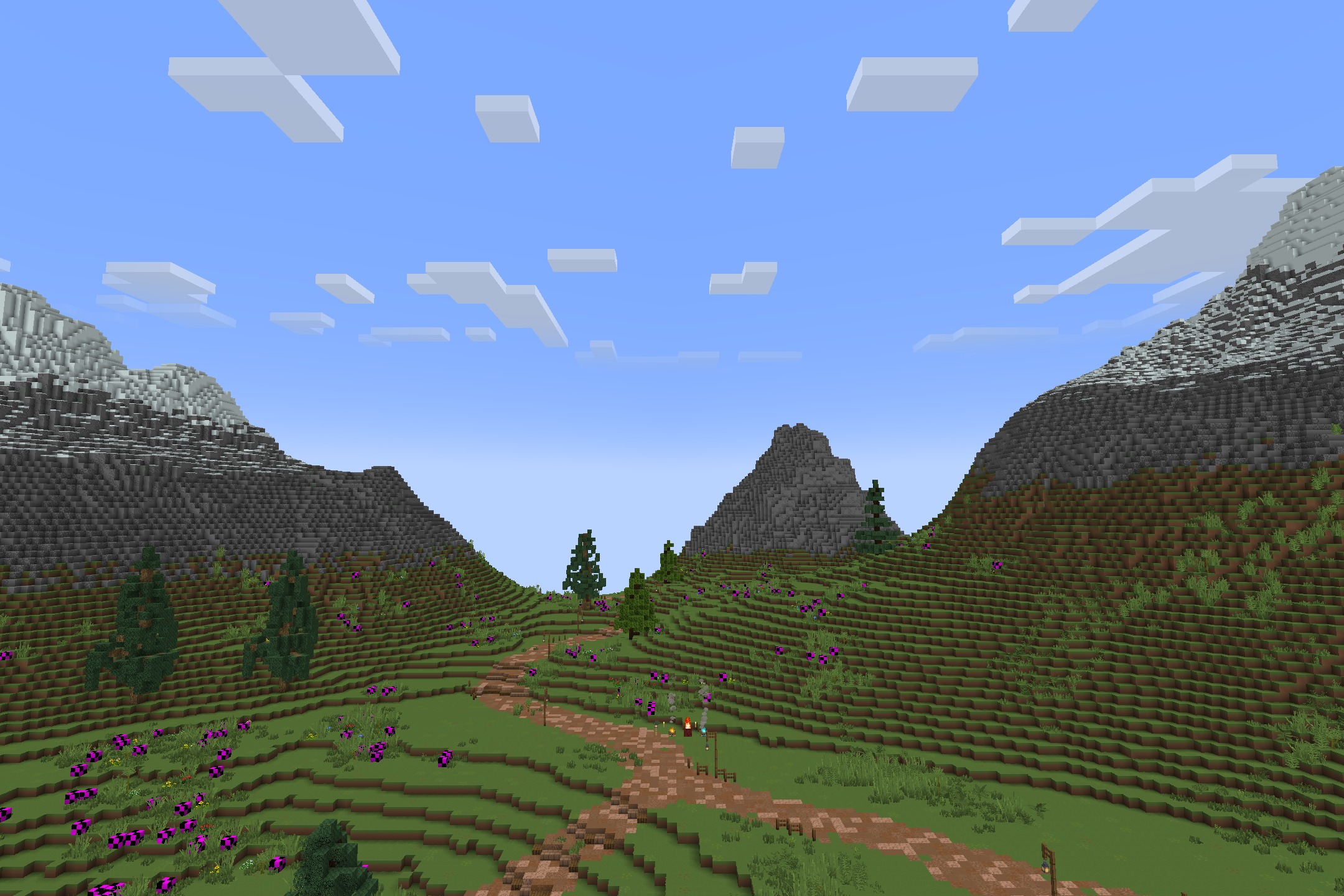 Simplecraft X16 Resource Pack shows a winding path through soft green hills
