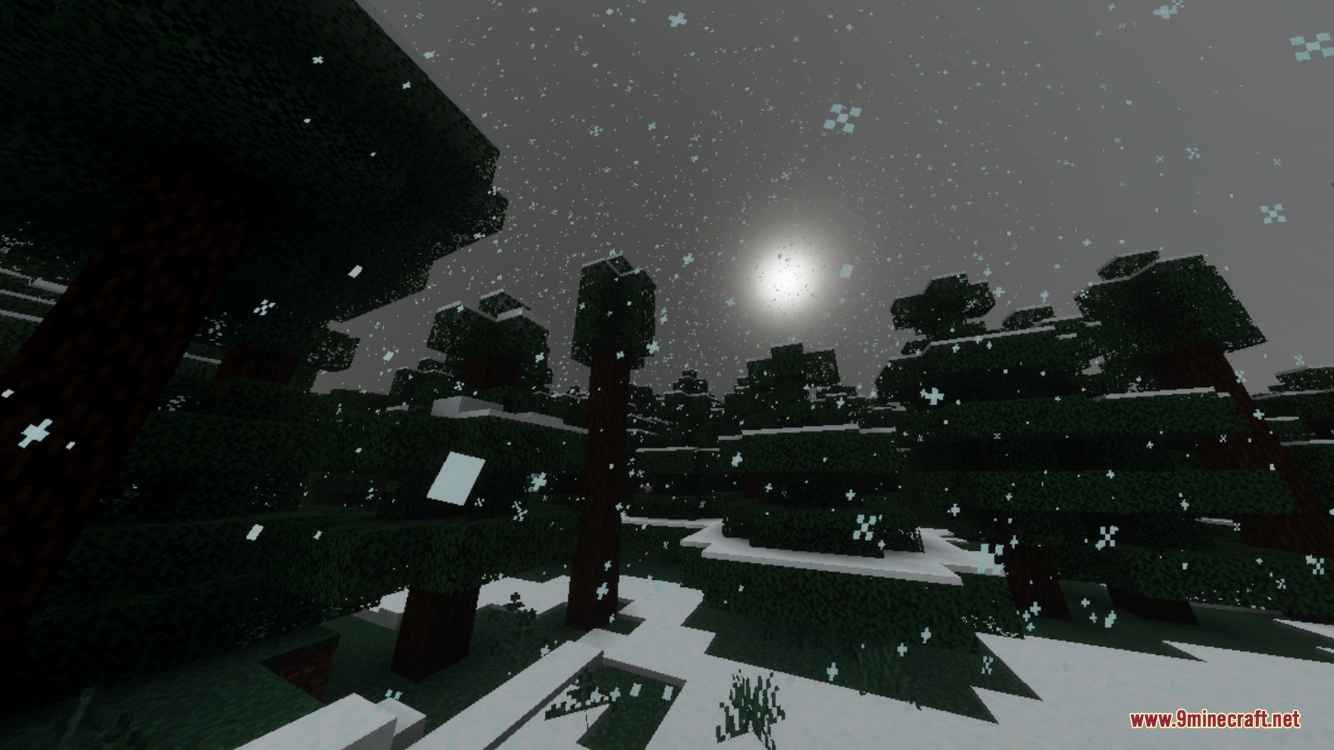 Simplistic Shader Screenshot 10 Atmospheric snowy forest at night with falling snowflakes and a glowing moon