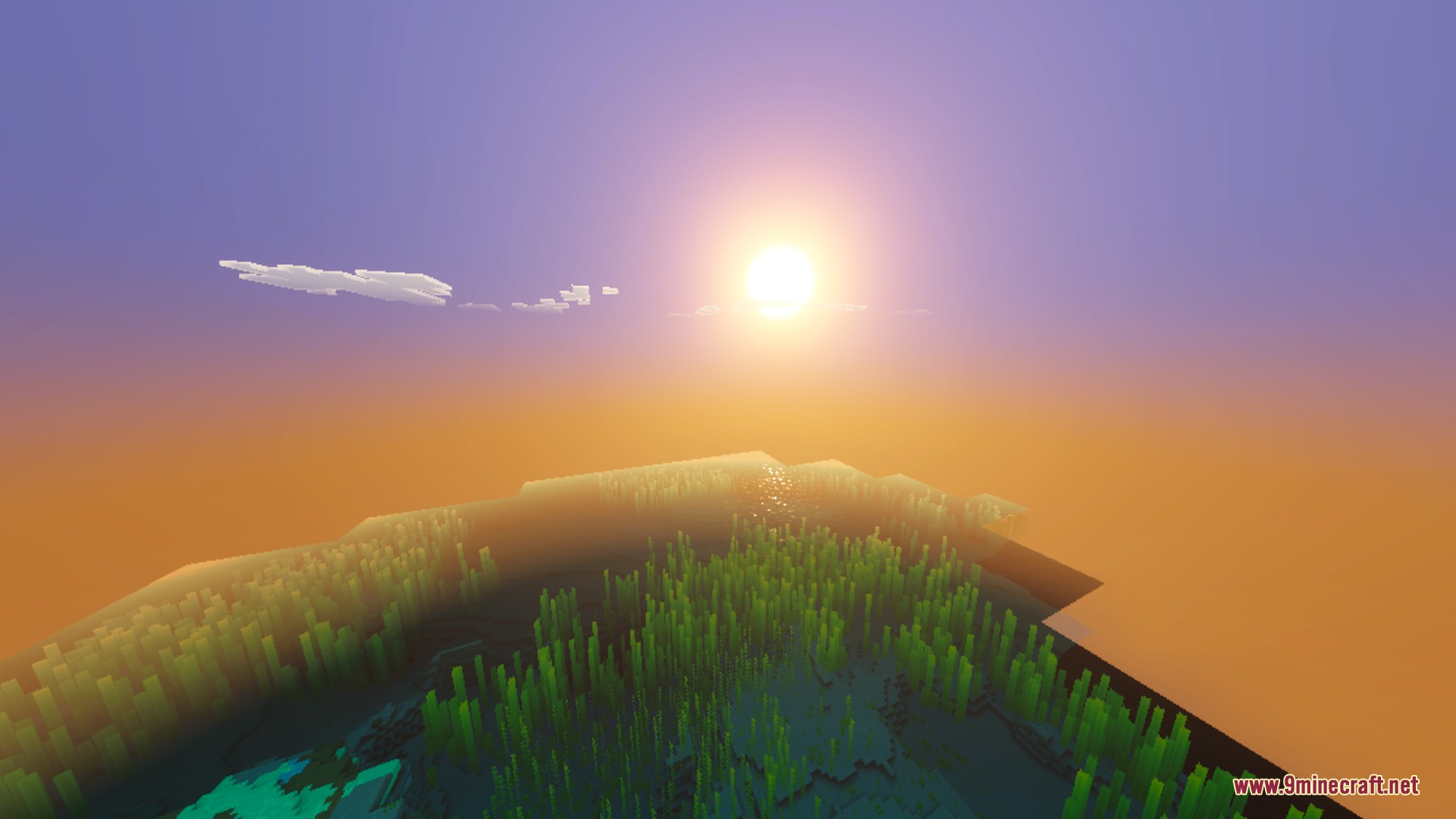 Simplistic Shader Screenshot 3 Cinematic sunset over a calm ocean with green kelp and soft atmospheric fog