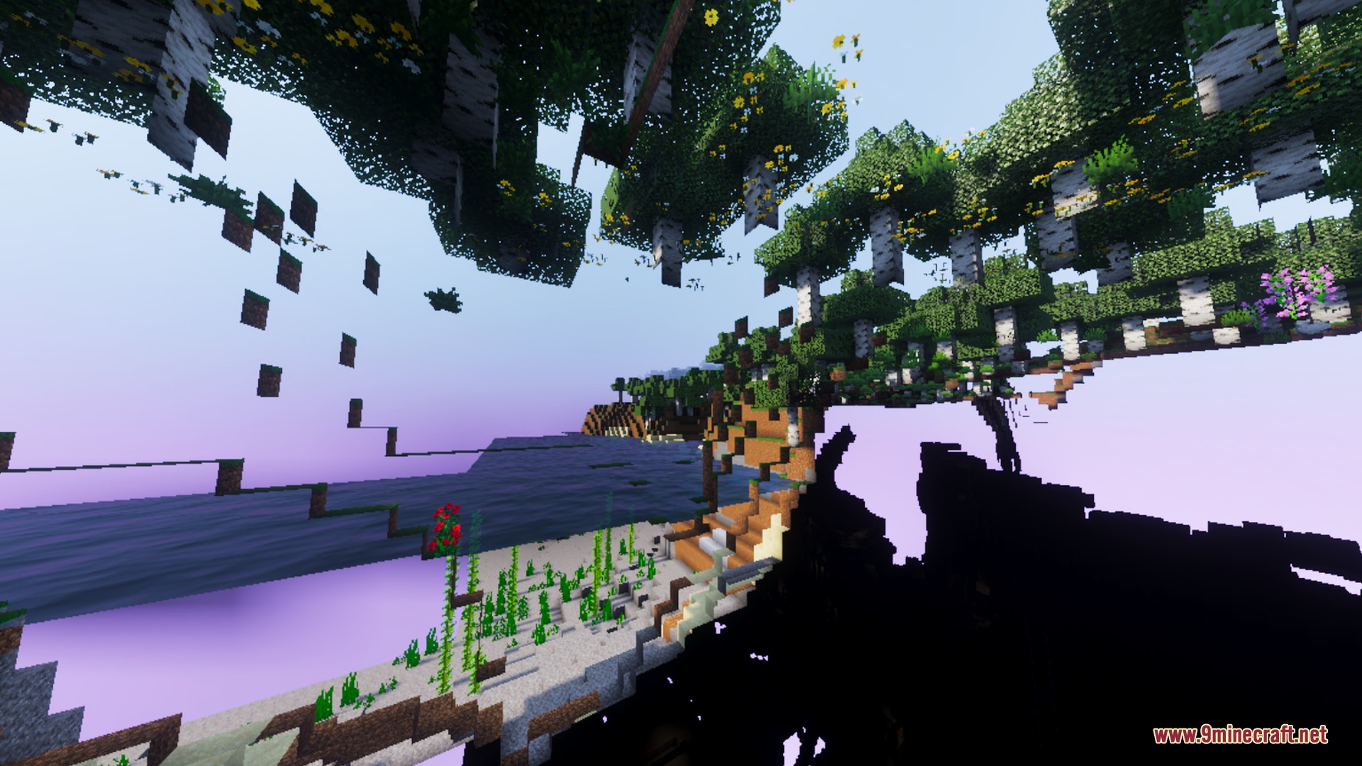 Simplistic Shader Screenshot 4 Surreal landscape with floating birch trees and fragmented terrain over a sandy beach