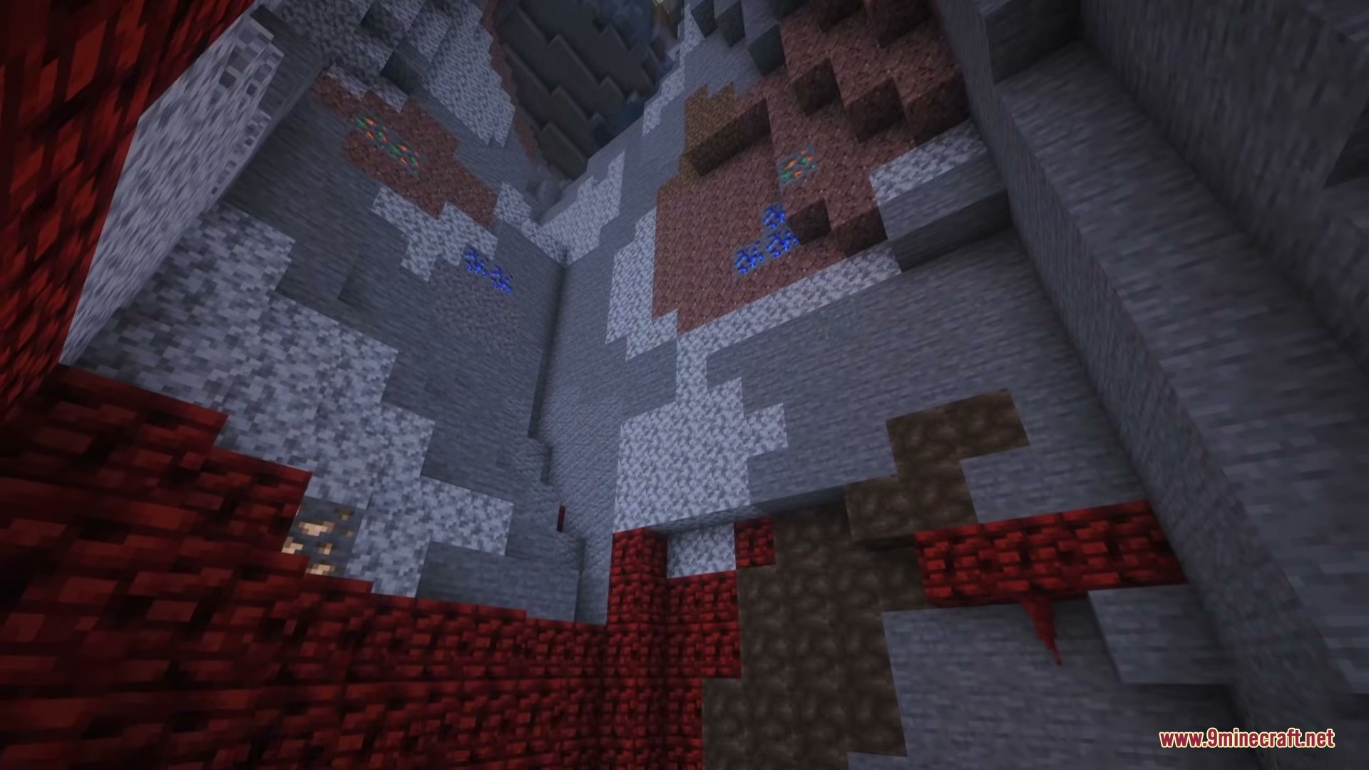 Simply Cave Biomes Mod Screenshot 4 Underground cavern featuring red stone blocks and various ores in Redstone Mines