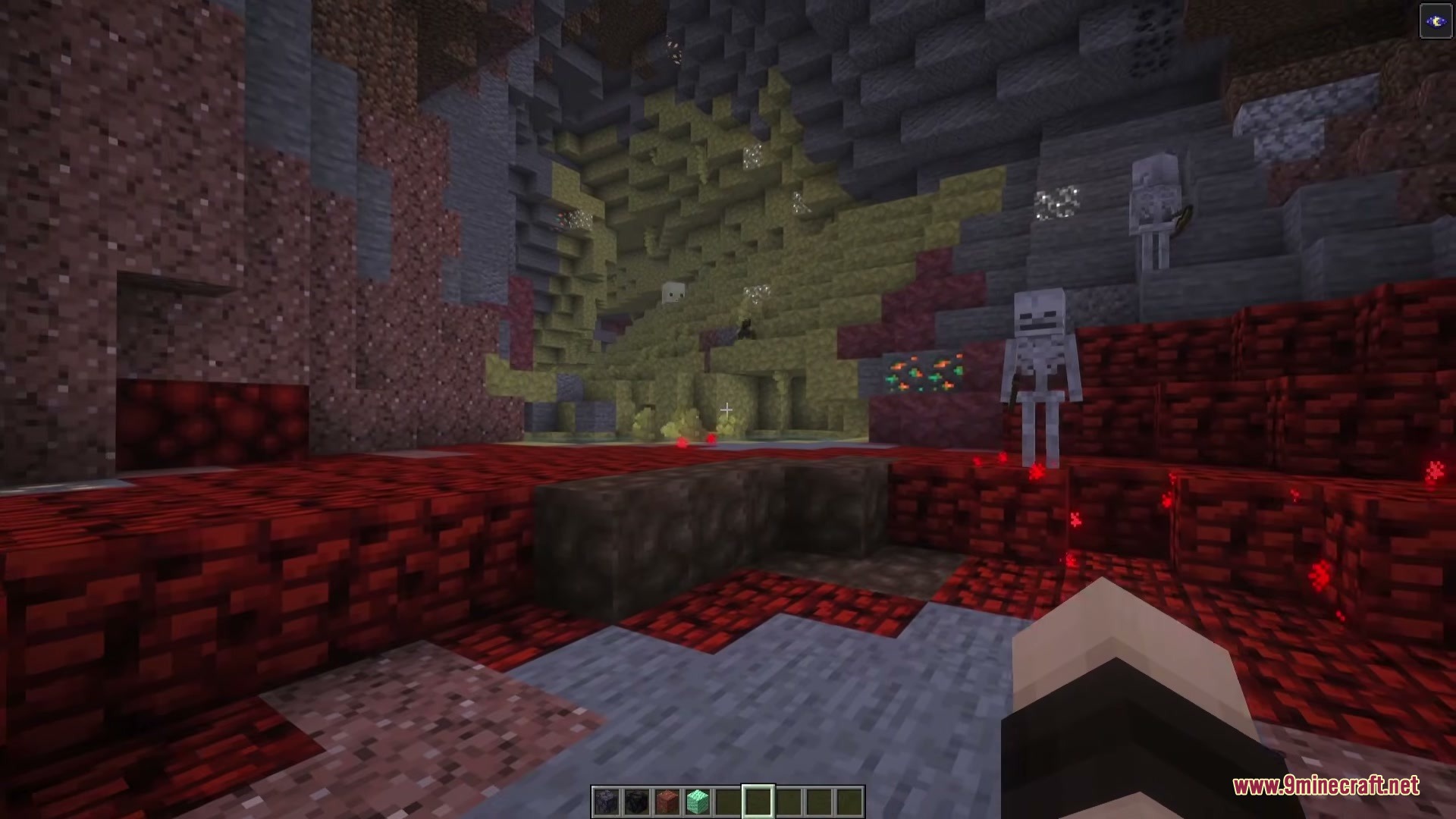 Simply Cave Biomes Mod Screenshot 6 Skeletons standing on red Minium blocks near dark blue Crossite stone formations