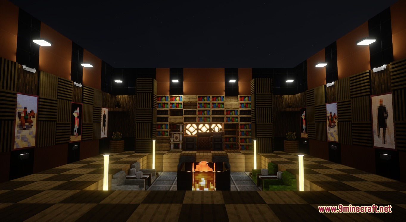 Simply Cozy Mod Screenshot 1 Modern living room interior with a fireplace bookshelves and comfortable seating