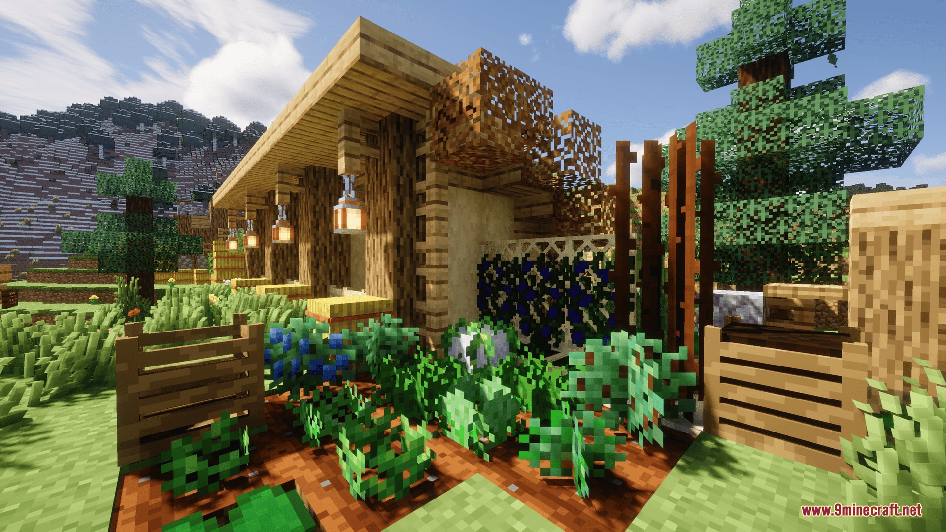 Simply Cozy Mod Screenshot 2 Peaceful outdoor garden with fresh crops wooden fences and hanging lanterns