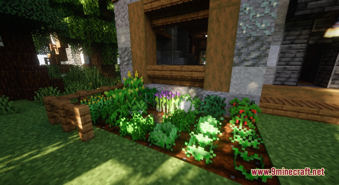 Simply Cozy Mod Screenshot 3 Lush garden featuring various crops and flowers outside a cozy stone building