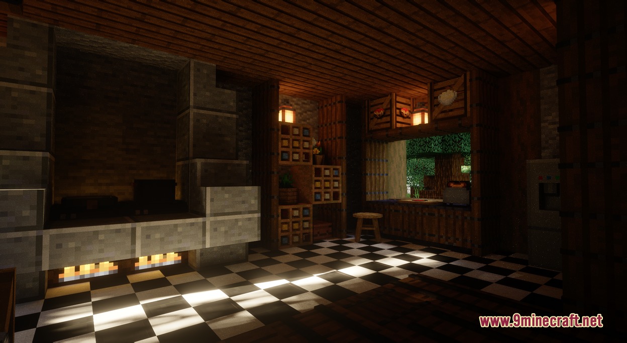 Simply Cozy Mod Screenshot 4 Detailed kitchen interior with a checkered floor and a large stone oven
