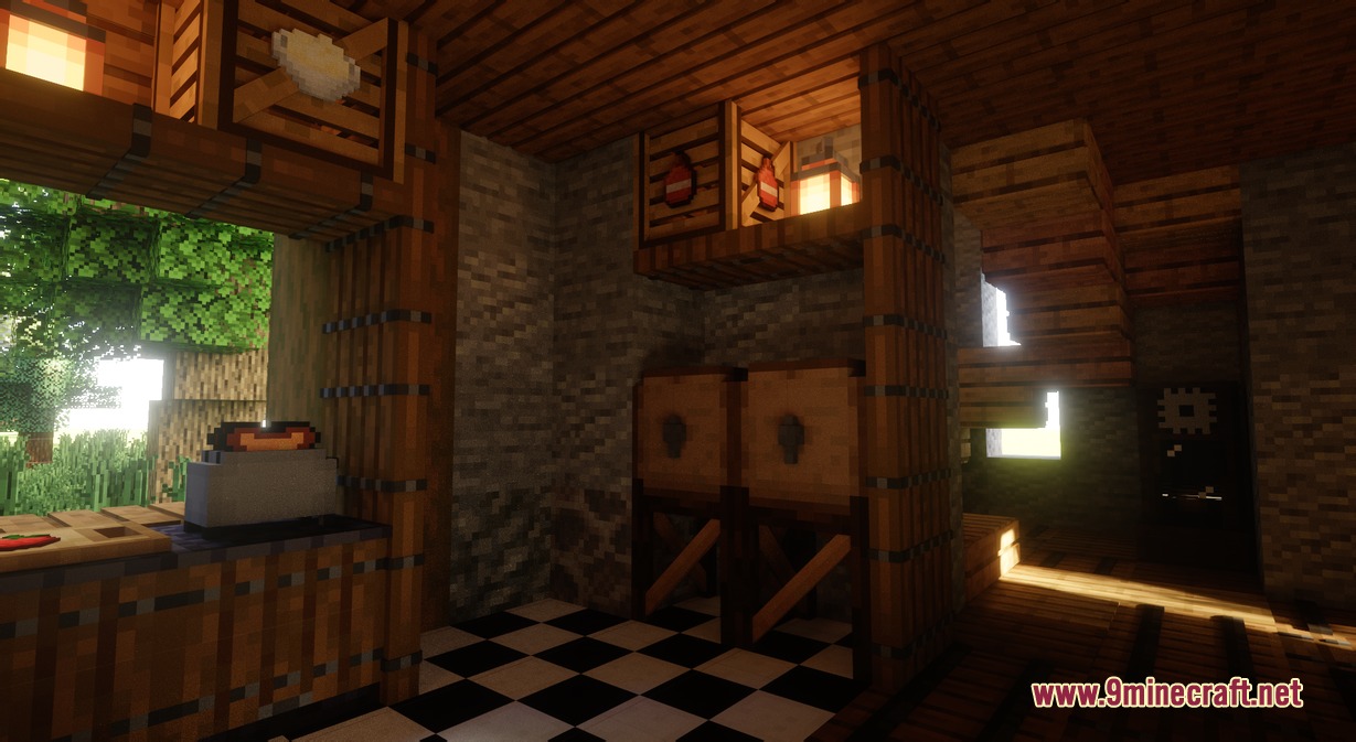 Simply Cozy Mod Screenshot 5 A cozy Minecraft kitchen featuring a toaster and wooden storage crates