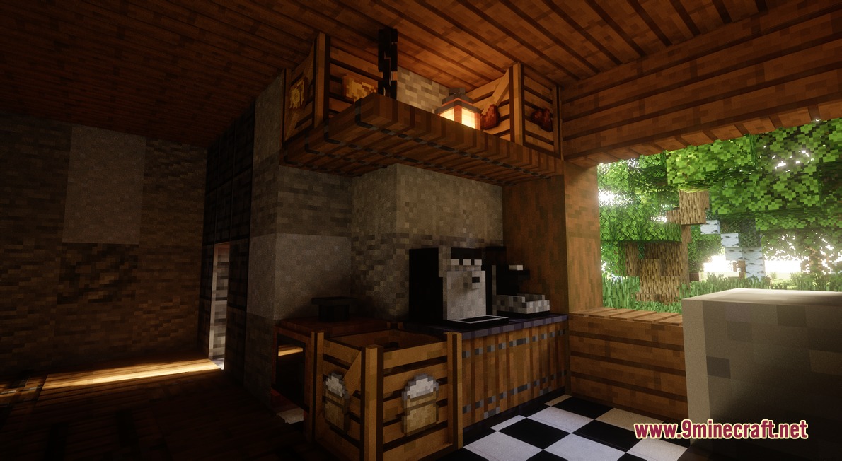 Simply Cozy Mod Screenshot 6 A coffee machine sits on a counter inside a warm kitchen interior