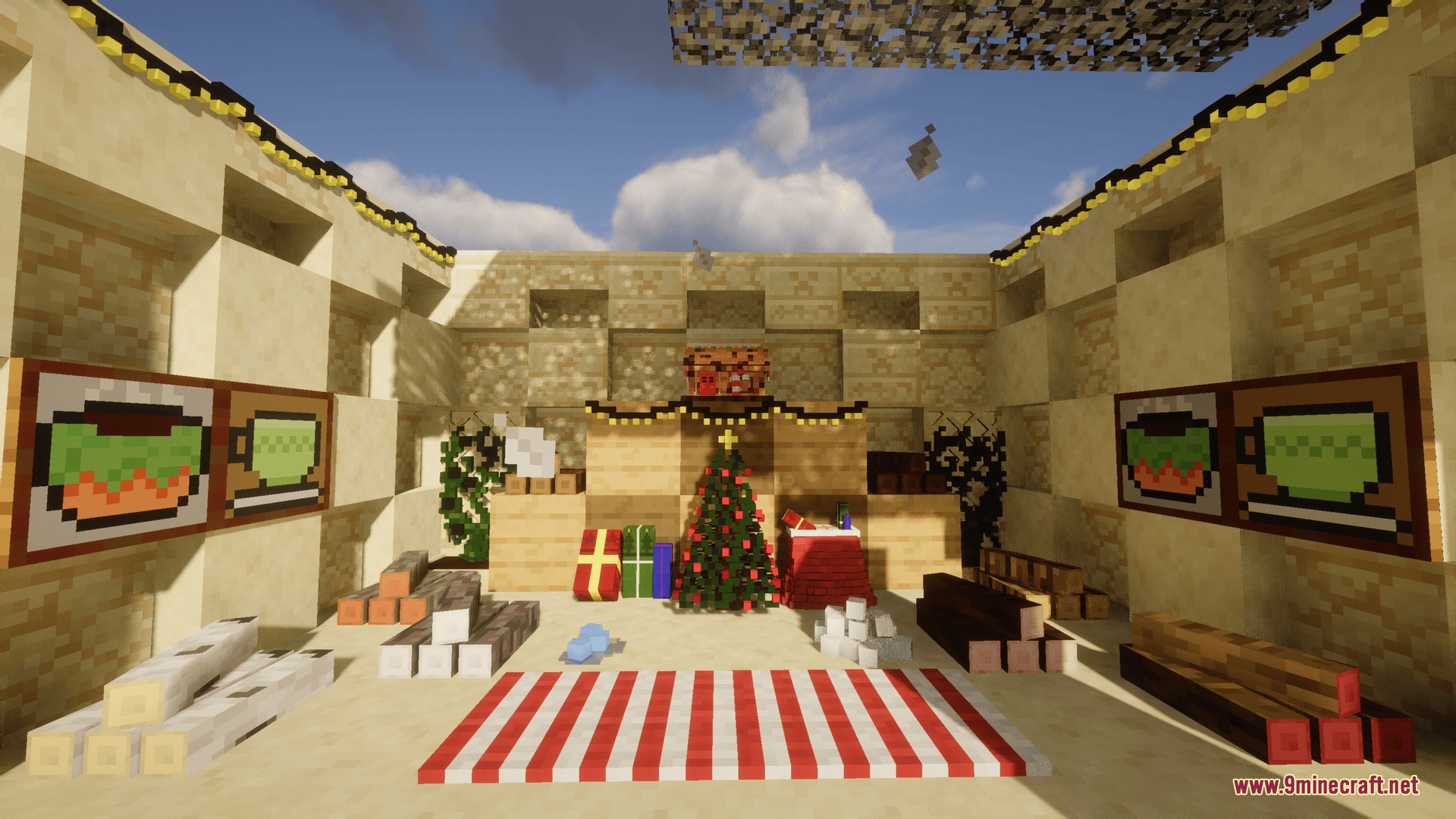 Simply Cozy Mod Screenshot 7 A cozy Minecraft room decorated with a Christmas tree and holiday gifts