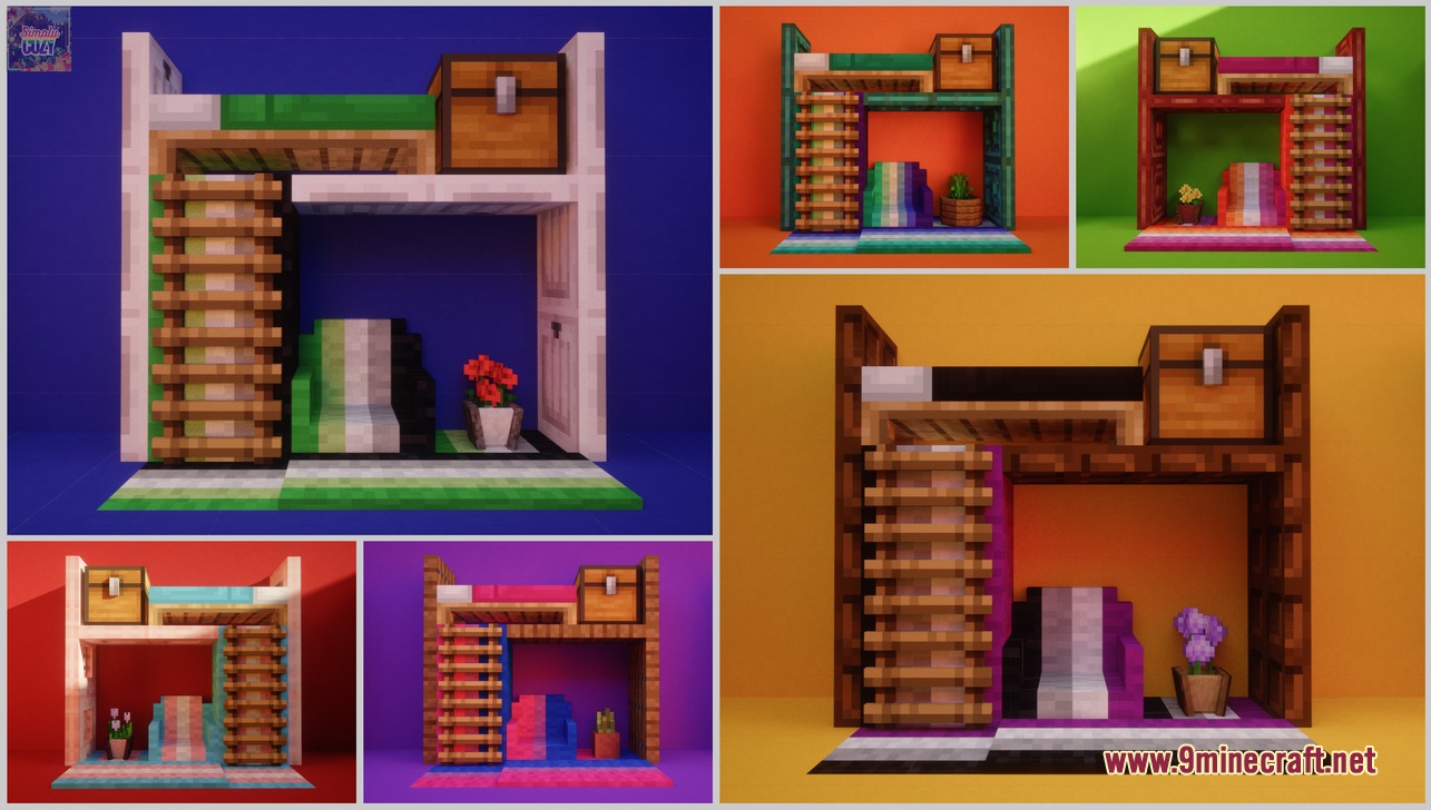 Simply Cozy Mod Screenshot 8 A collage of colorful Minecraft bunk bed designs featuring pride flag themes
