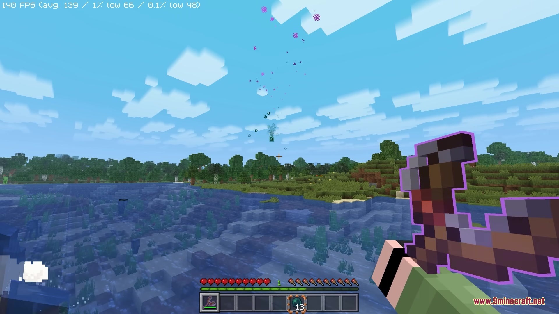Simply Slingshot Mod Screenshot 10 Purple particles trail behind an item launched from the slingshot tool