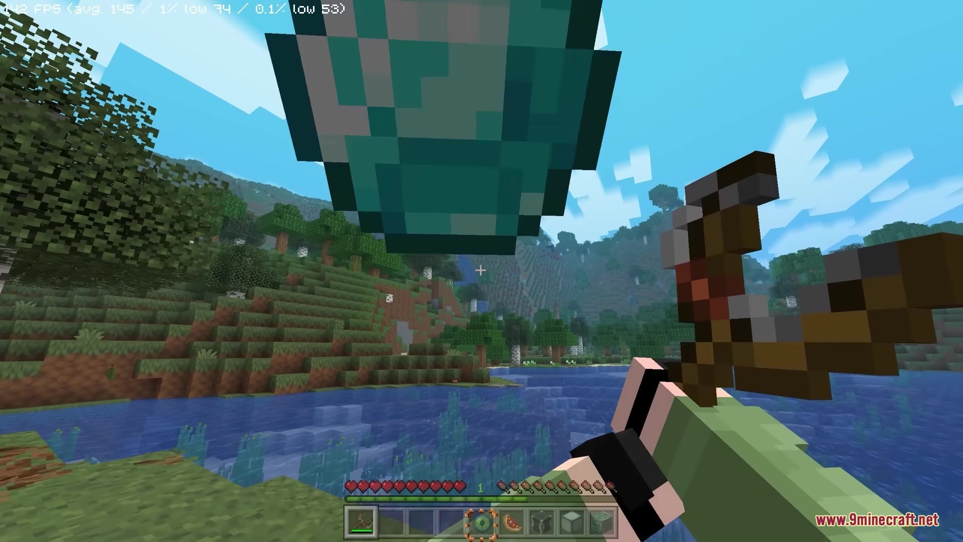 Simply Slingshot Mod Screenshot 3 A player launches a diamond item into the sky using a slingshot