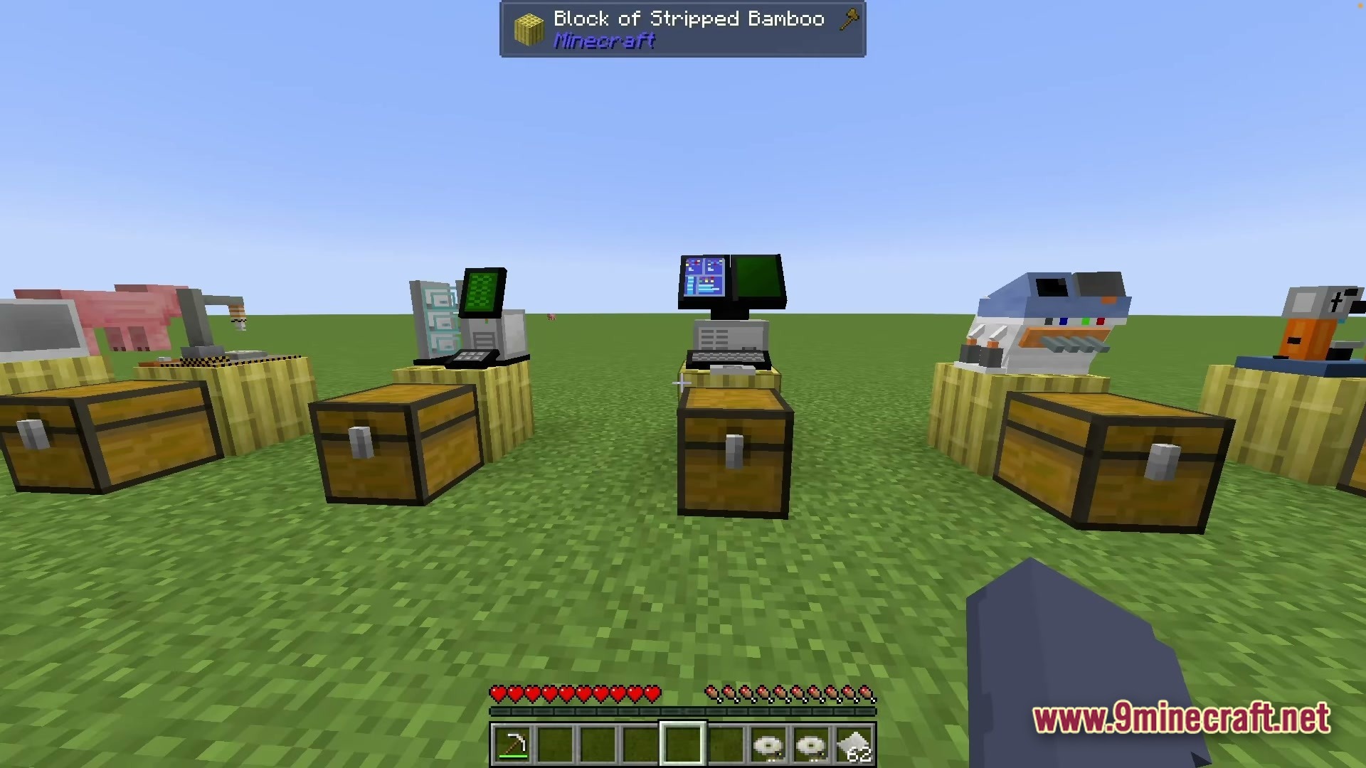 Sinothe Dino's Dinosaurs Modpack Screenshot 2 Various scientific laboratory machines and computers placed on bamboo blocks next to wooden chests