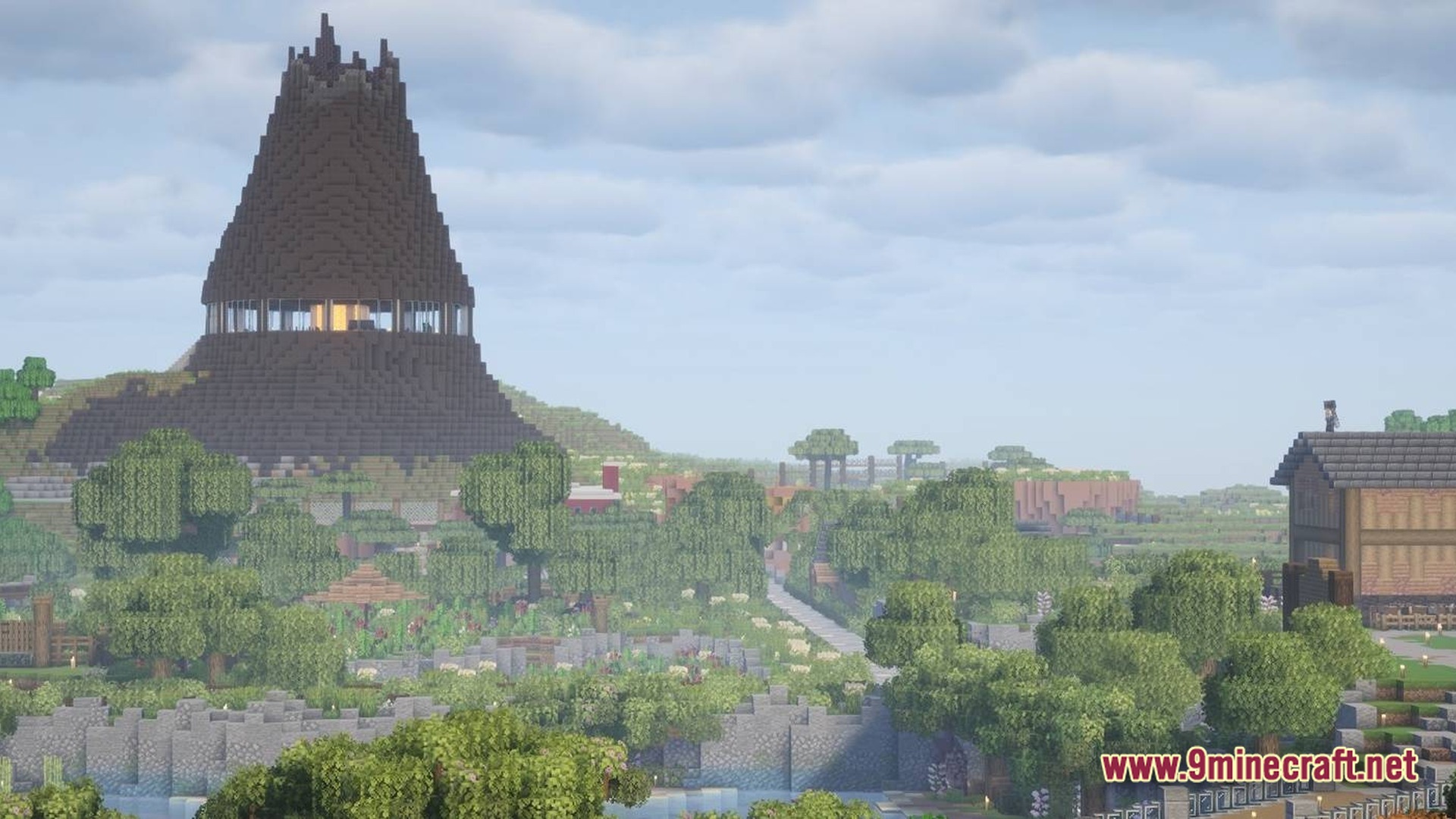 Sinothe Dino's Dinosaurs Modpack Screenshot 8 A large dark conical structure with a glass observation deck overlooks a lush park landscape