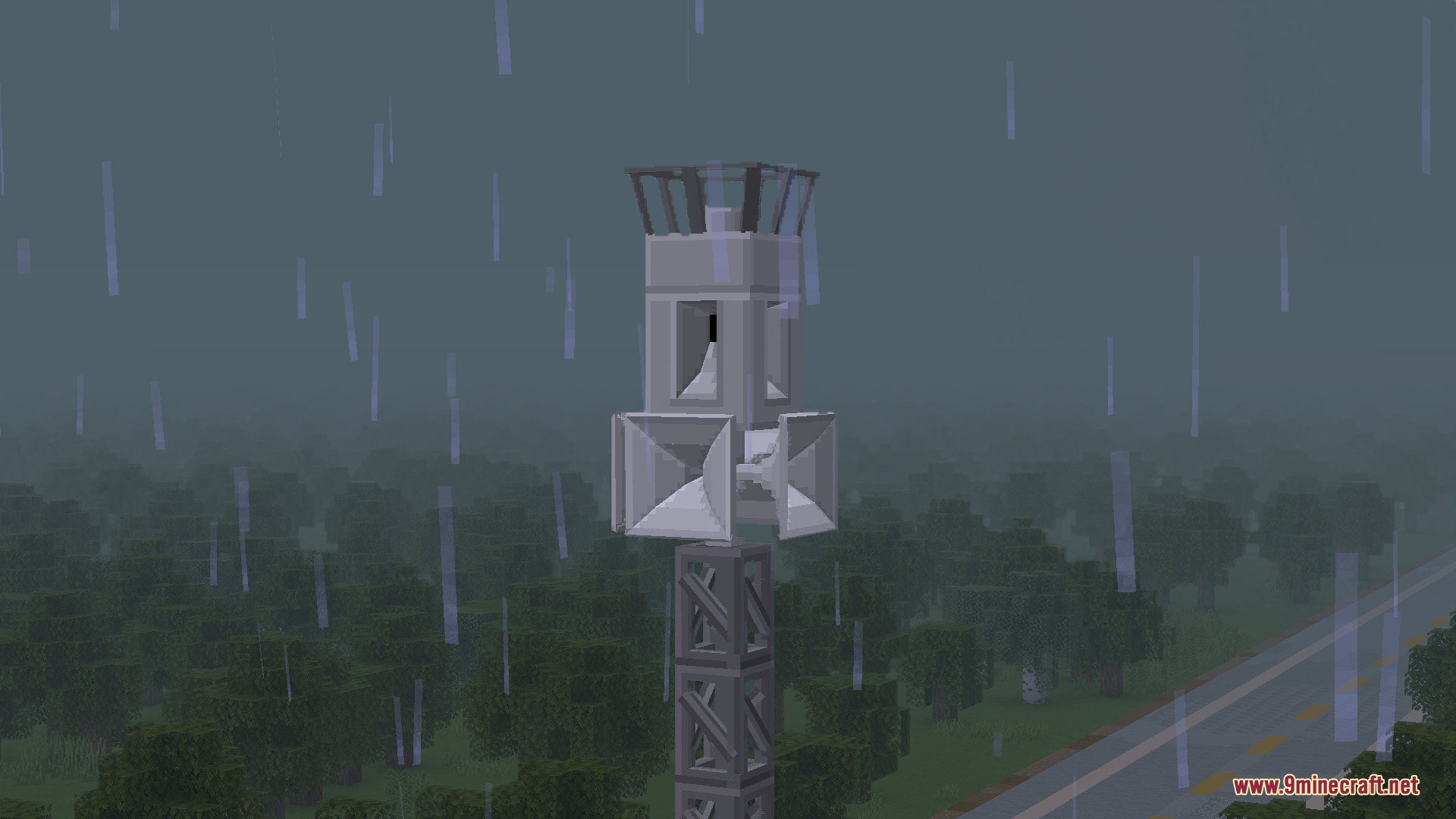 Sirencraft Mod Screenshot 3 A tall metal tower with a large siren on top during a rainstorm