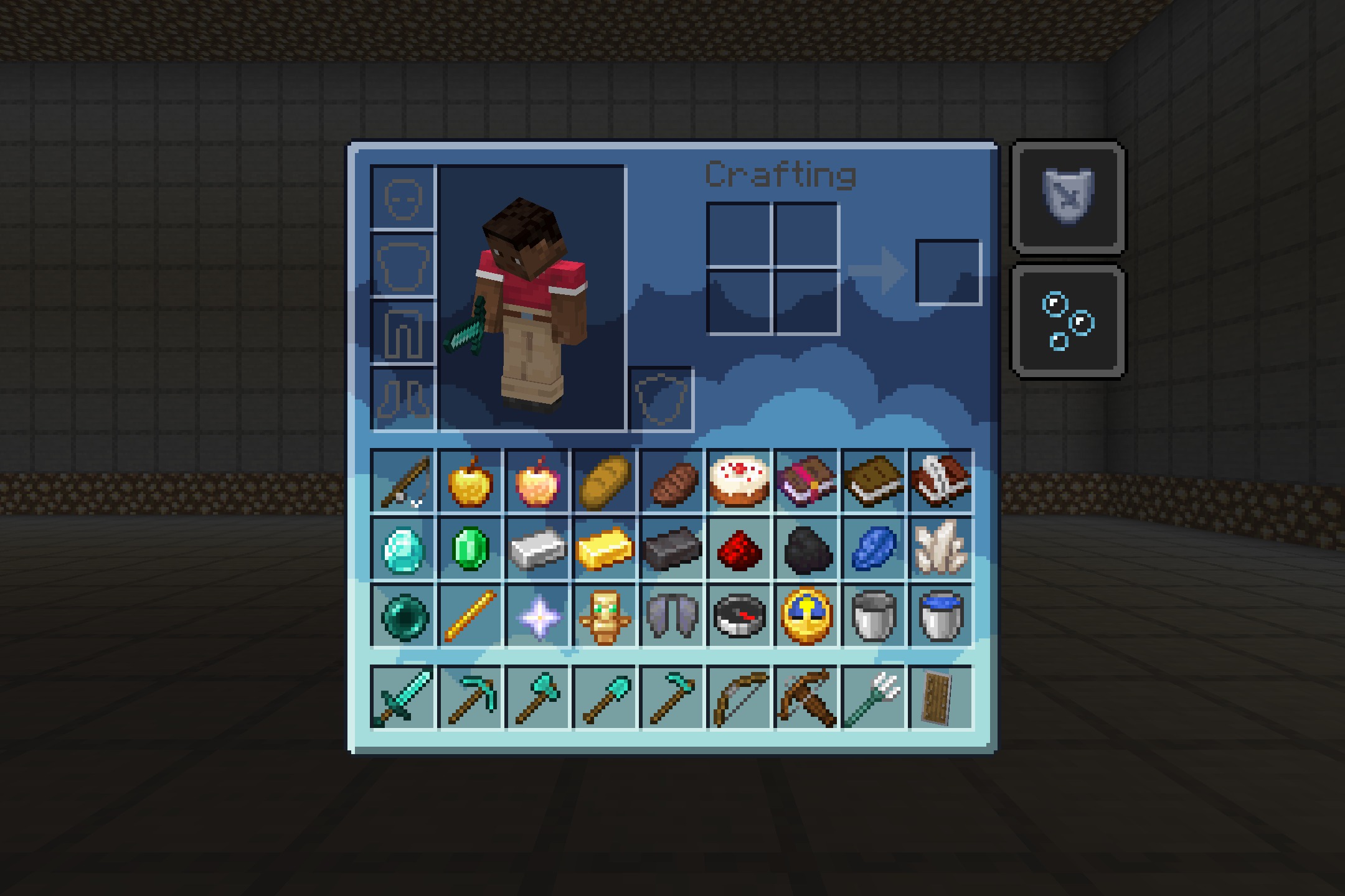 The Minecraft inventory screen displays a bright blue sky background with clouds