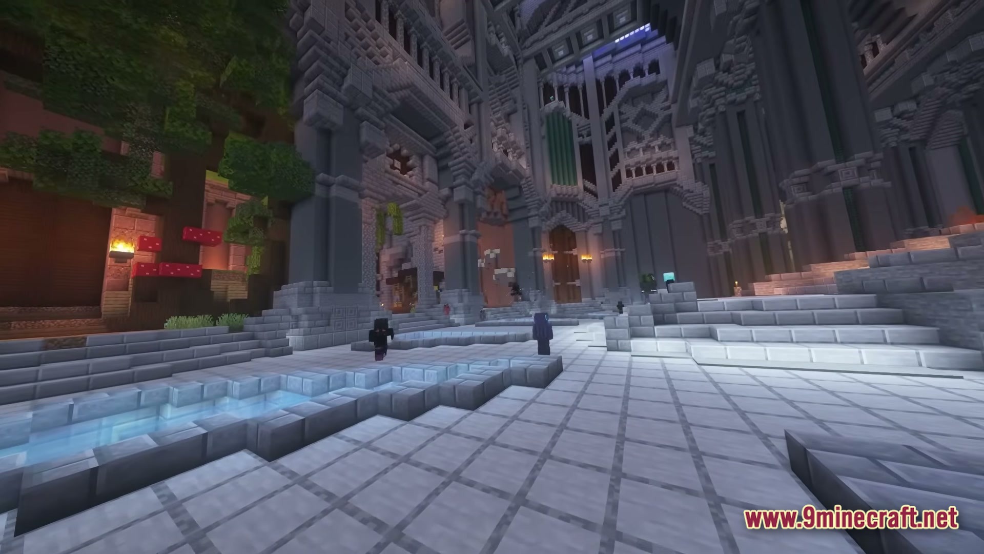 Skyblocker Hypixel Skyblock Modpack Screenshot 1 Players stand within a large, ornate stone hall featuring high ceilings and detailed architectural structures