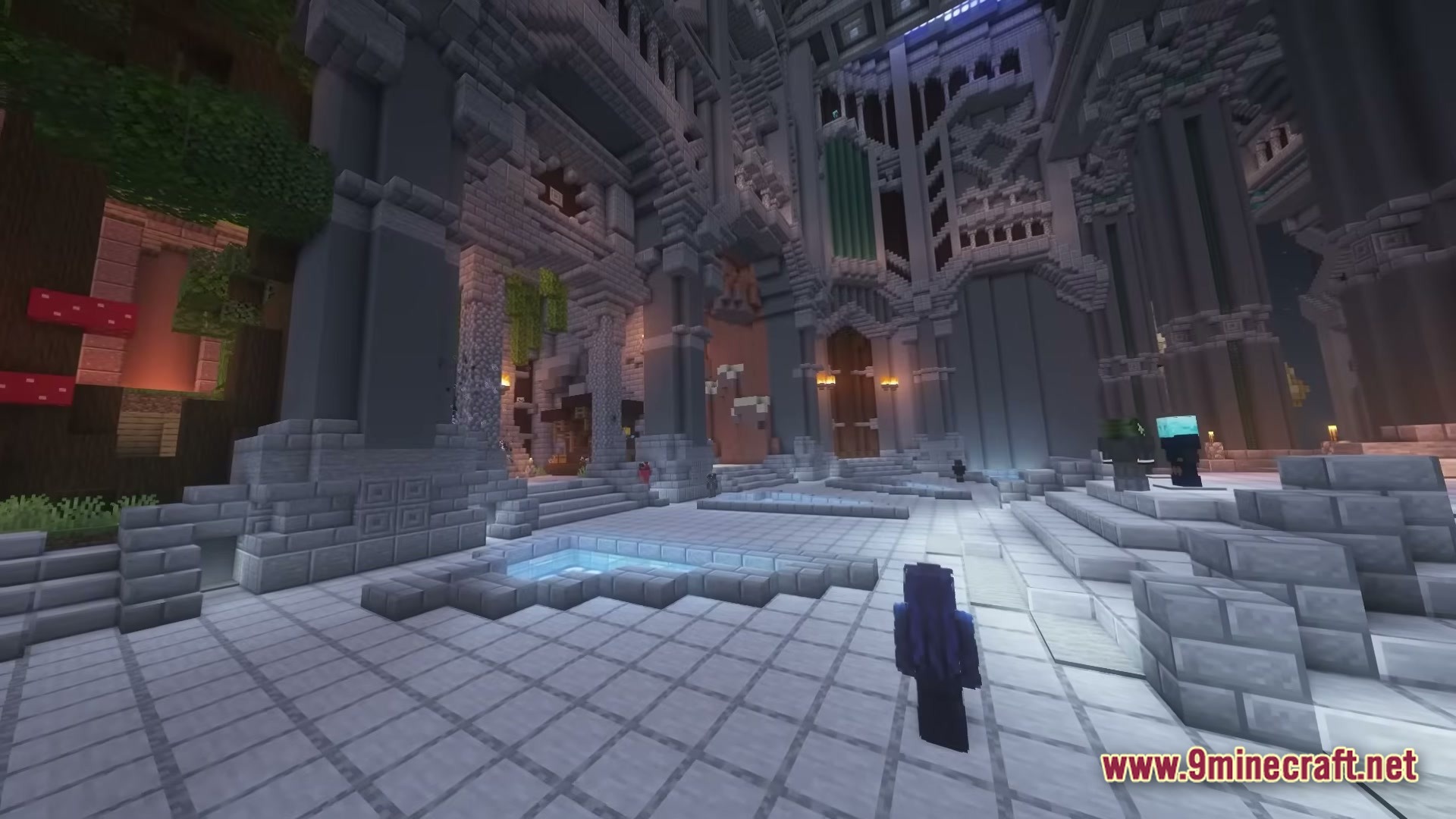 Skyblocker Hypixel Skyblock Modpack Screenshot 2 A player stands within a large, ornate stone hall featuring high ceilings and intricate architectural details