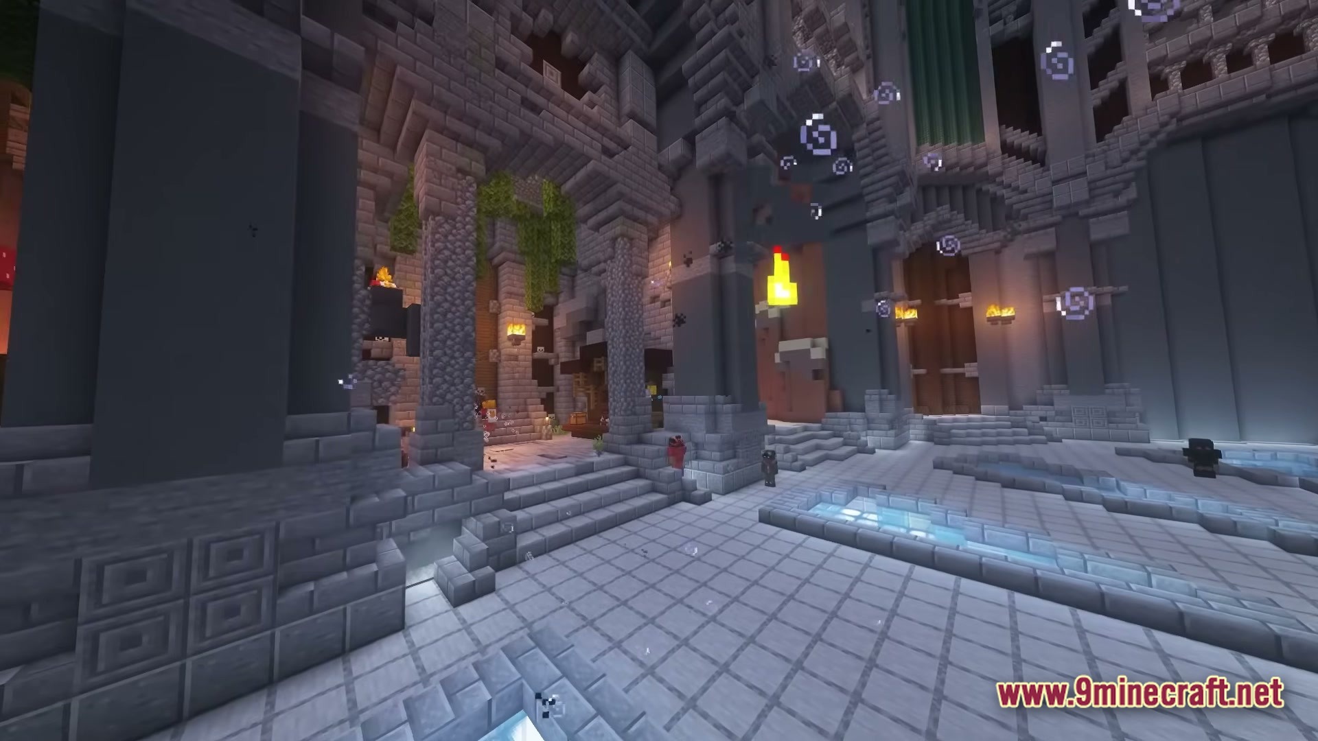 Skyblocker Hypixel Skyblock Modpack Screenshot 3 A large stone hall with pillars, arches, and water features in the Hypixel Skyblock hub