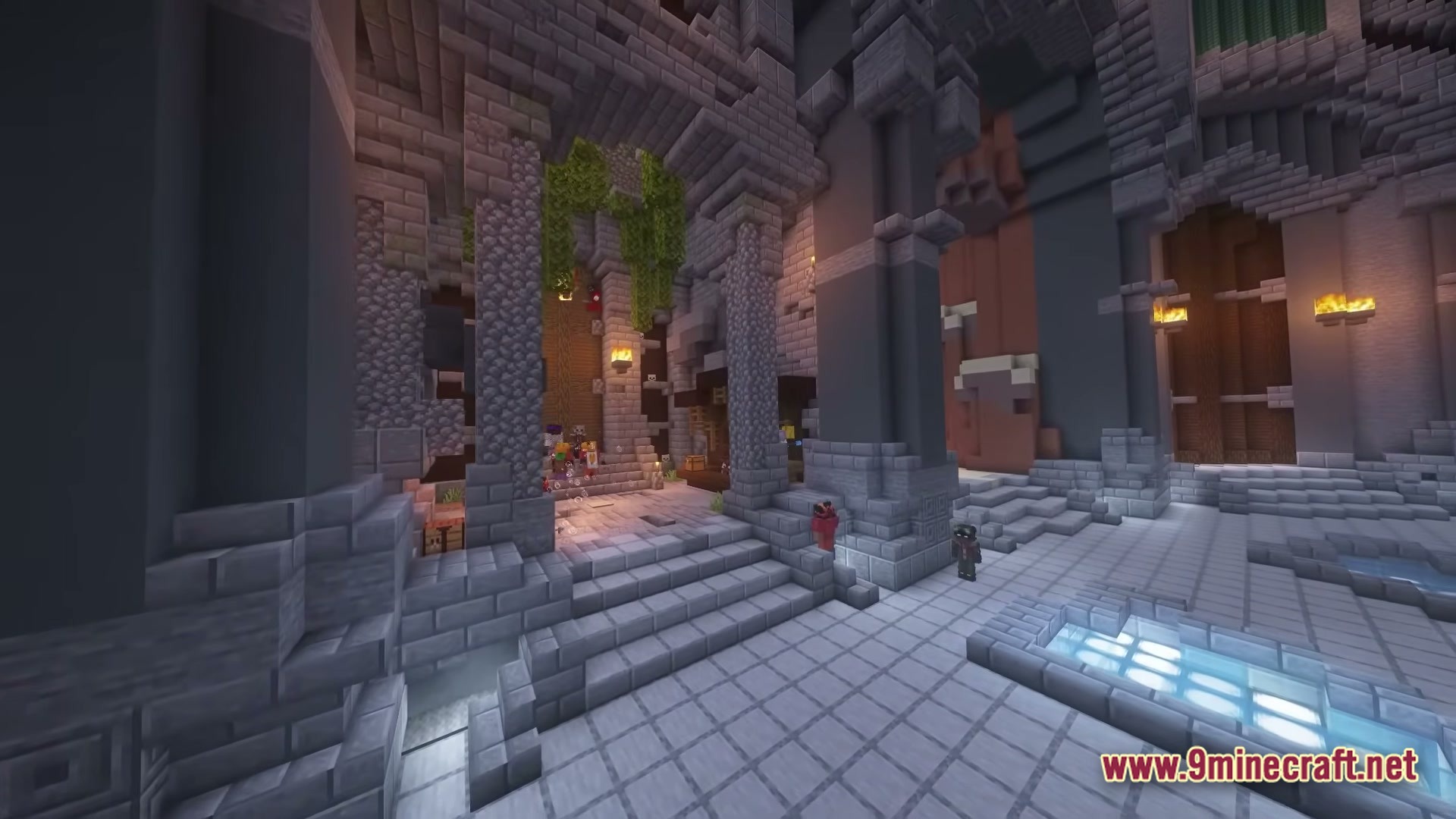 Skyblocker Hypixel Skyblock Modpack Screenshot 4 A large stone hall featuring vaulted ceilings, pillars, and a glowing floor pool in Hypixel Skyblock