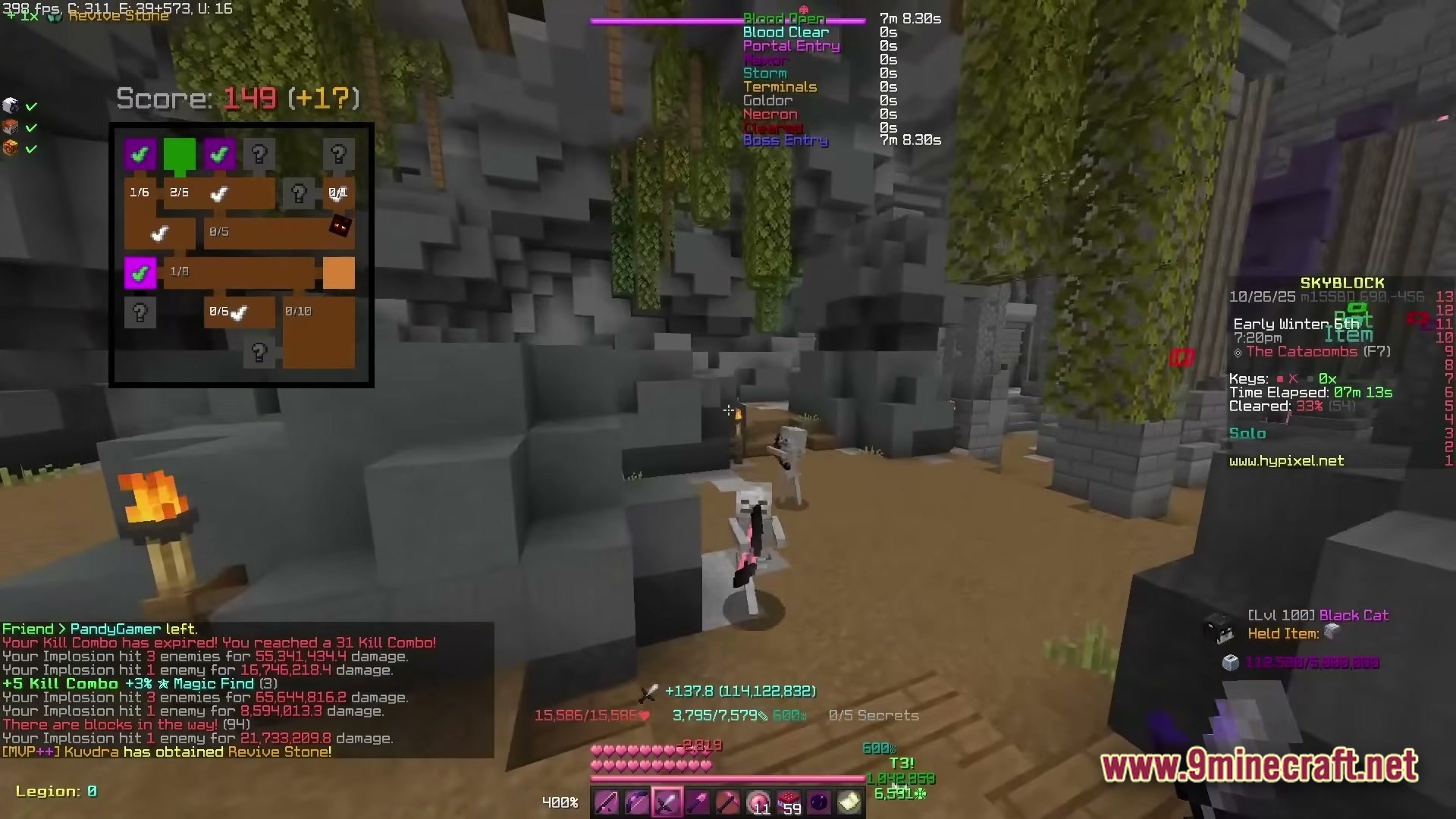 Skyblocker Hypixel Skyblock Modpack Screenshot 6 A player navigates a dungeon room in Hypixel Skyblock with custom HUD elements and active mobs