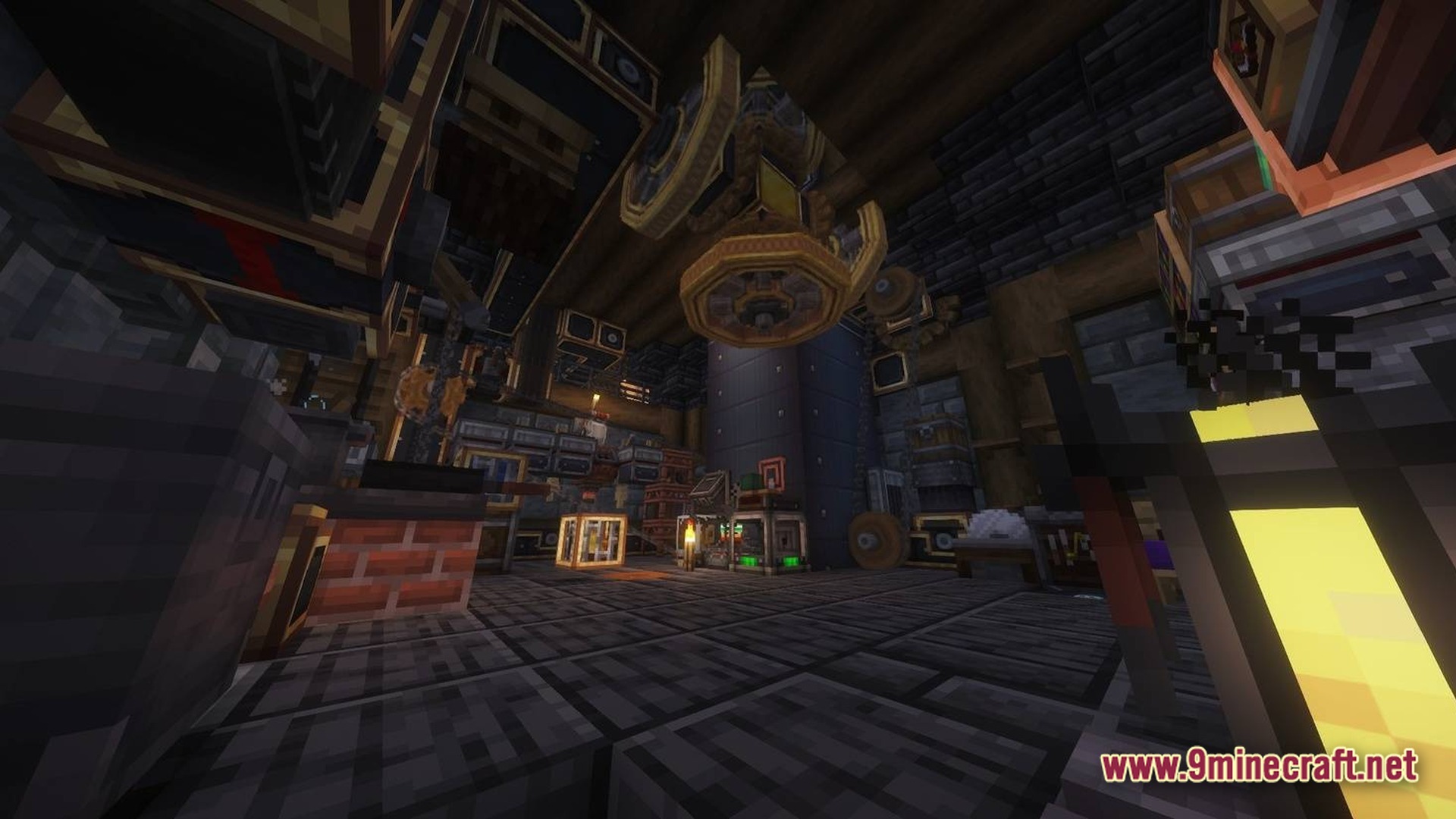 Skybound Engineering Alpha Modpack Screenshot 10 A cluttered workshop interior featuring various mechanical components, rotating gears, and industrial machinery from the Create mod
