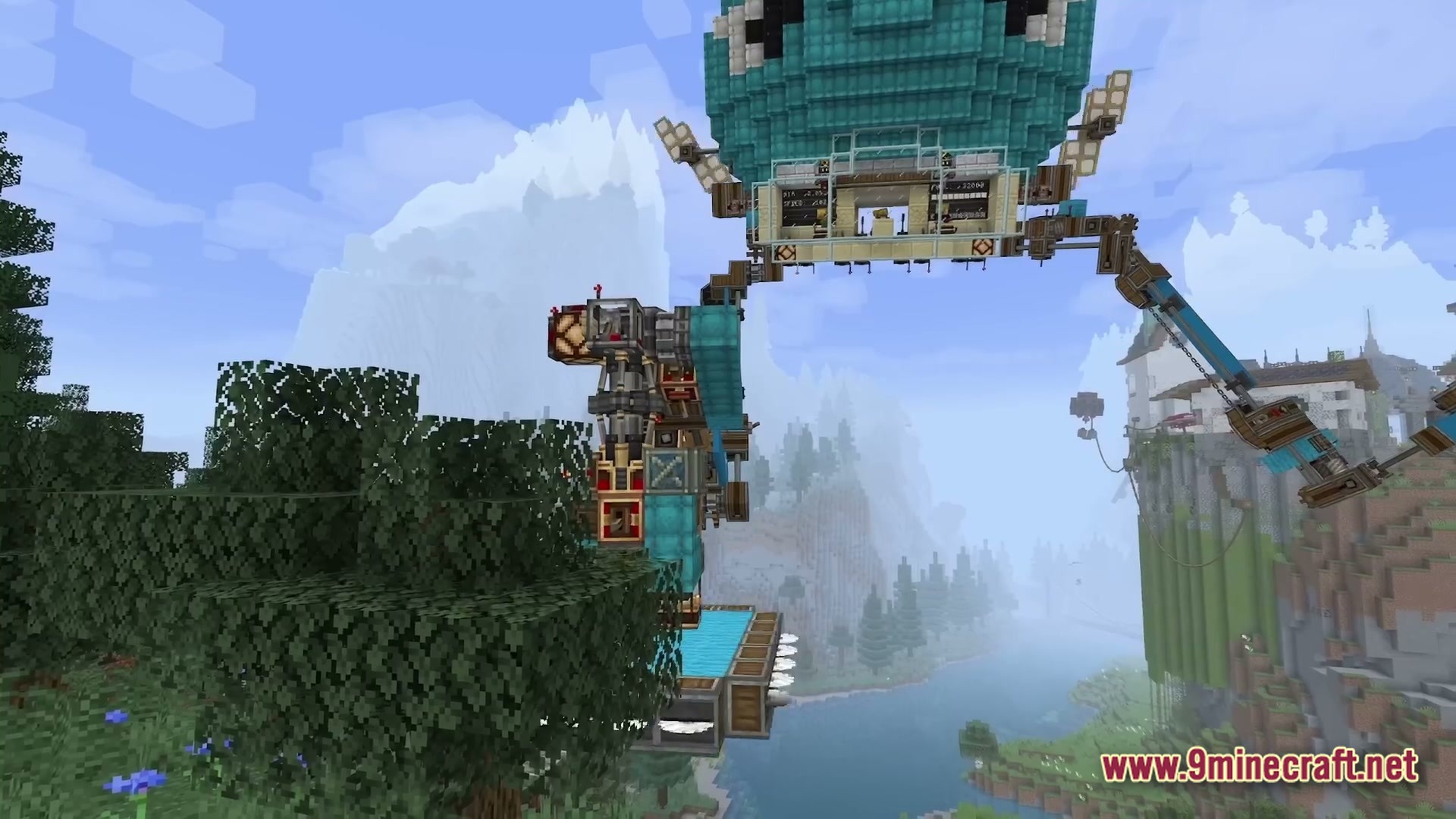 Skybound Engineering Alpha Modpack Screenshot 4 A large turquoise airship structure with mechanical arms overlooks a mountainous river valley biome