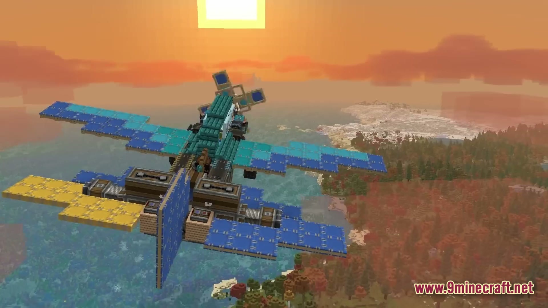 Skybound Engineering Alpha Modpack Screenshot 6 A custom-built blue and teal aircraft flies over a diverse landscape during a sunset