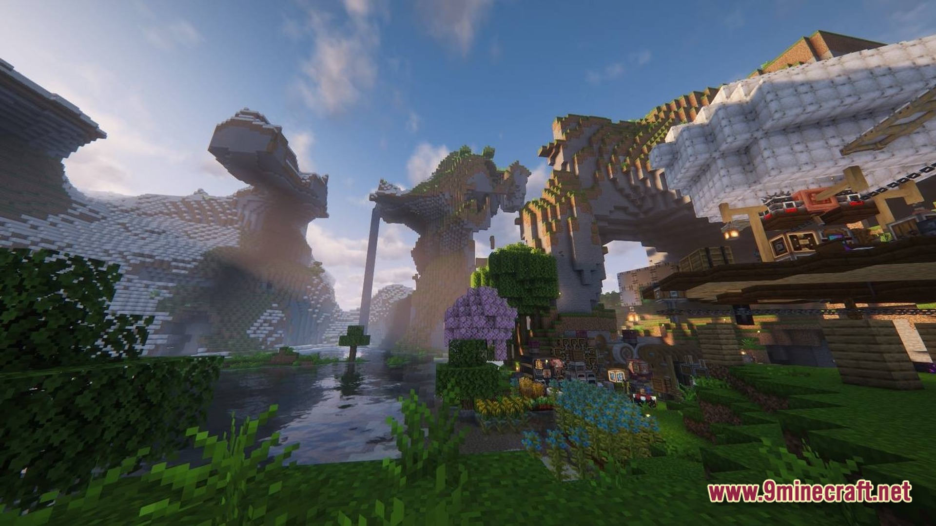 Skybound Engineering Alpha Modpack Screenshot 7 Floating islands and industrial machinery overlook a river valley with custom trees and mountain terrain