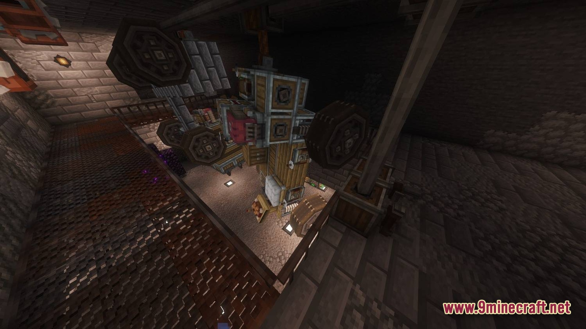 Skybound Engineering Alpha Modpack Screenshot 8 A complex mechanical assembly featuring rotating gears and wooden components within a stone industrial facility