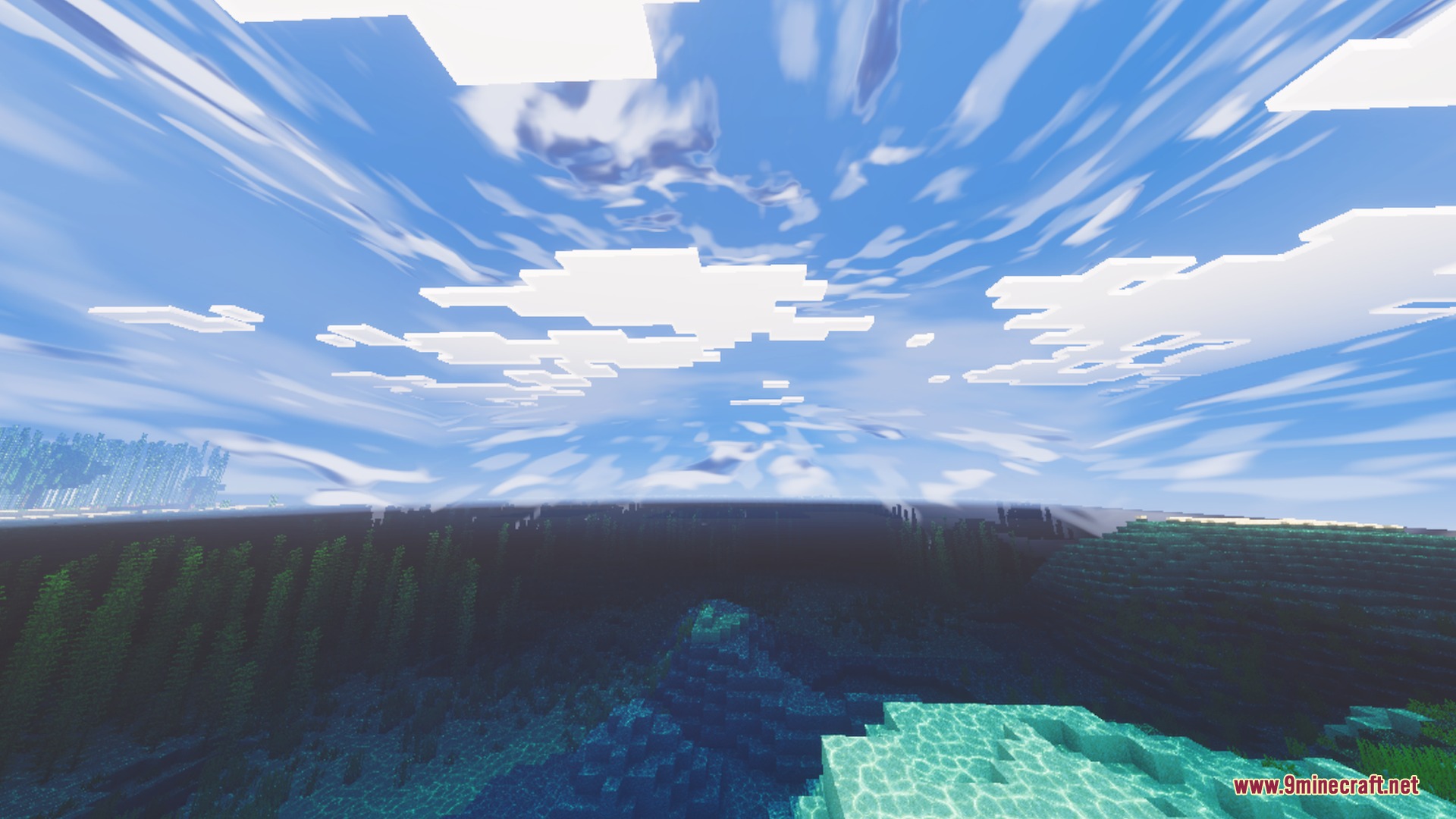 Skyfall Visuals Shader Screenshot 1 Deep blue ocean showing realistic sky reflections under soft wispy clouds
