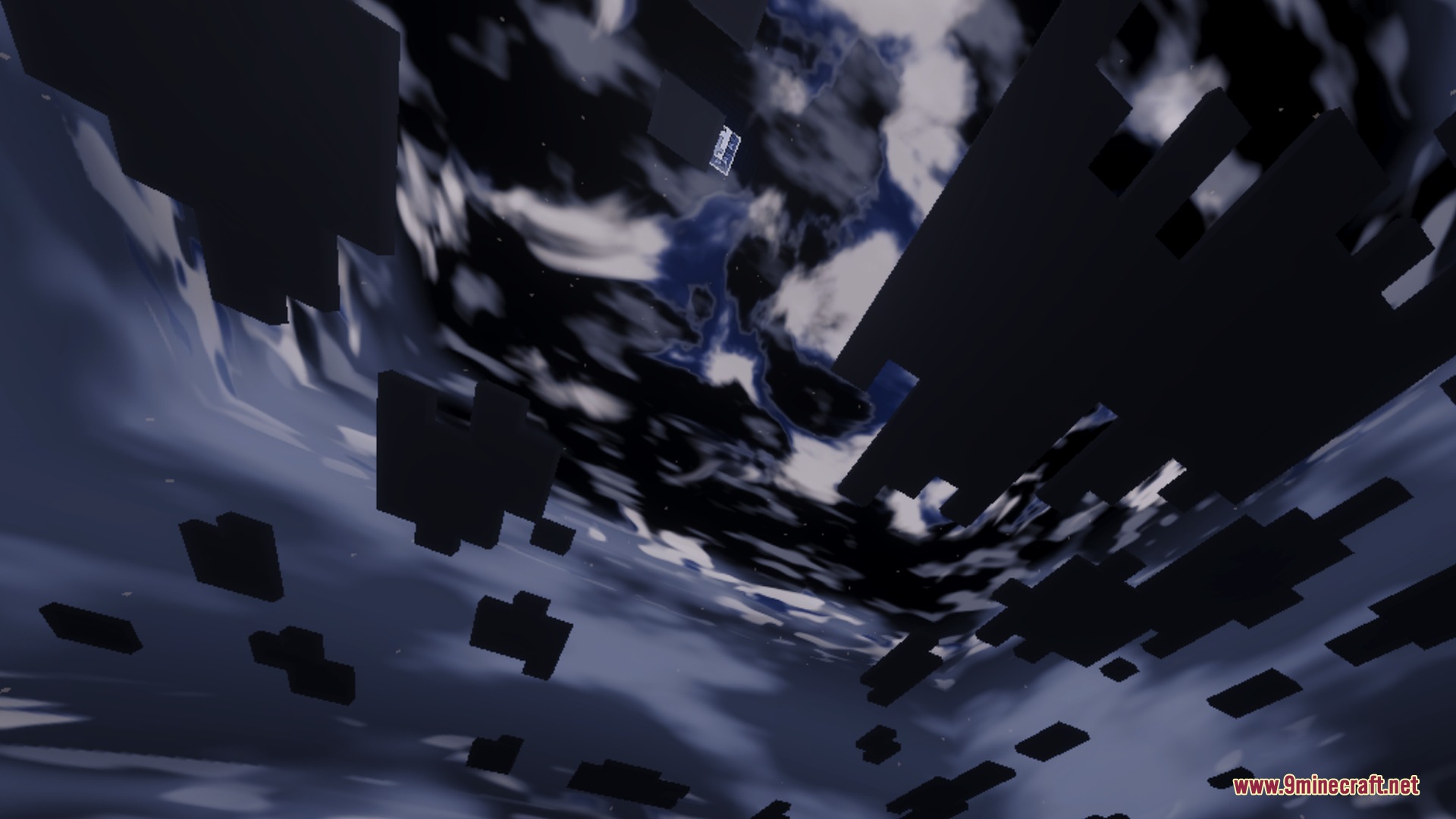 Skyfall Visuals Shader Screenshot 3 Dark blocky clouds and stars fill the night sky in Minecraft