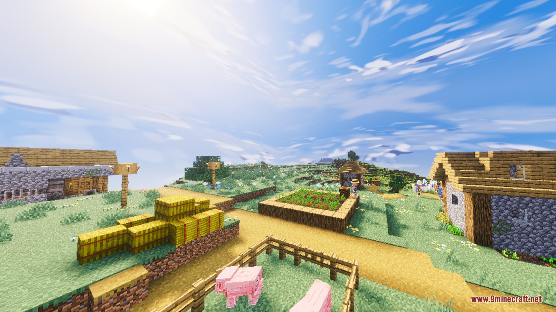 Skyfall Visuals Shader Screenshot 4 A sunny village with hay bales and pigs under wispy clouds