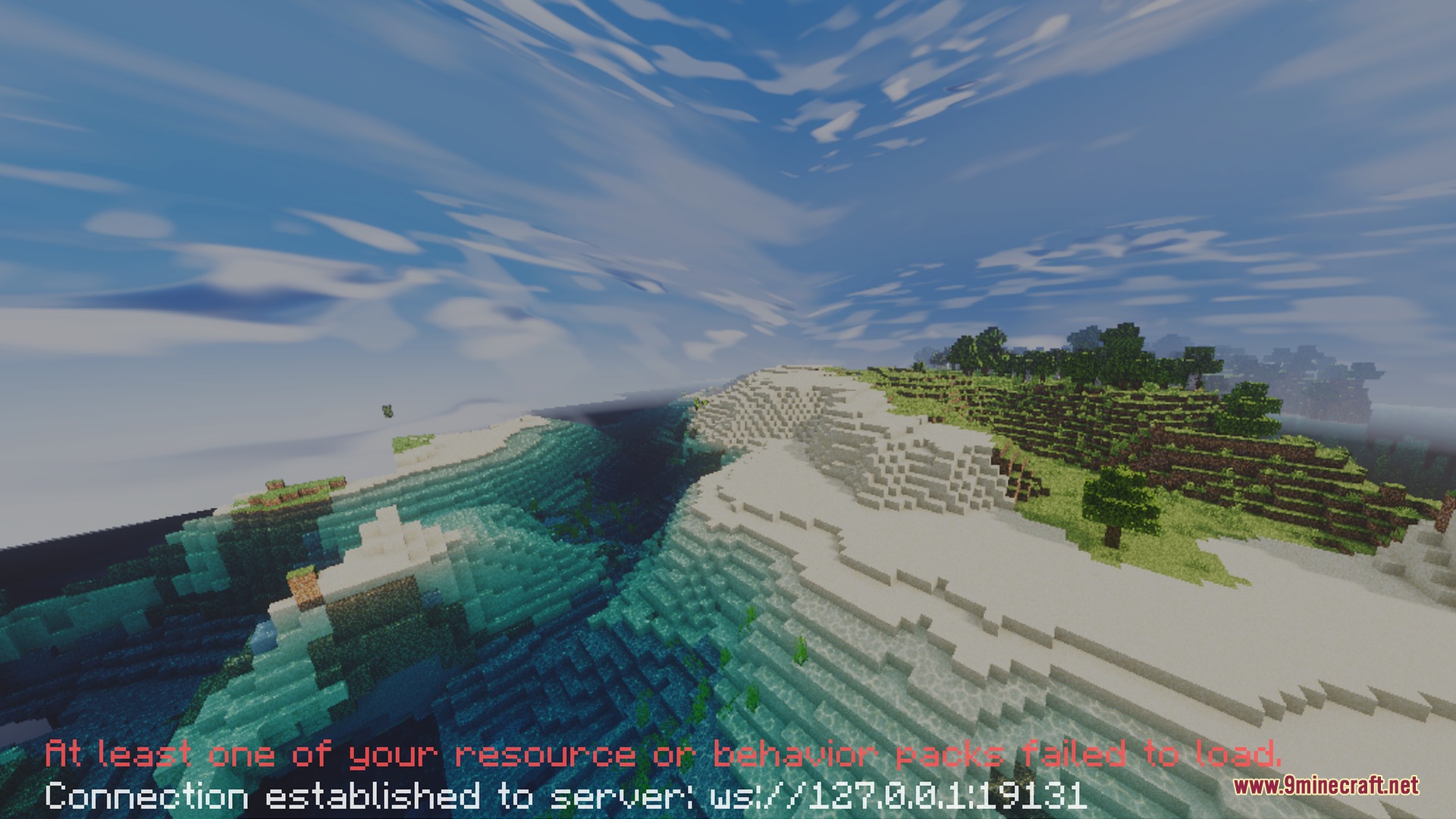 Skyfall Visuals Shader Screenshot 6 Snowy shoreline and clear blue water with error messages on the screen