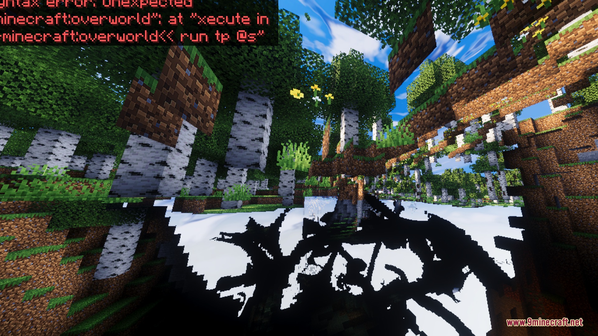 Skyfall Visuals Shader Screenshot 7 Minecraft birch forest with a syntax error message and glitched world textures