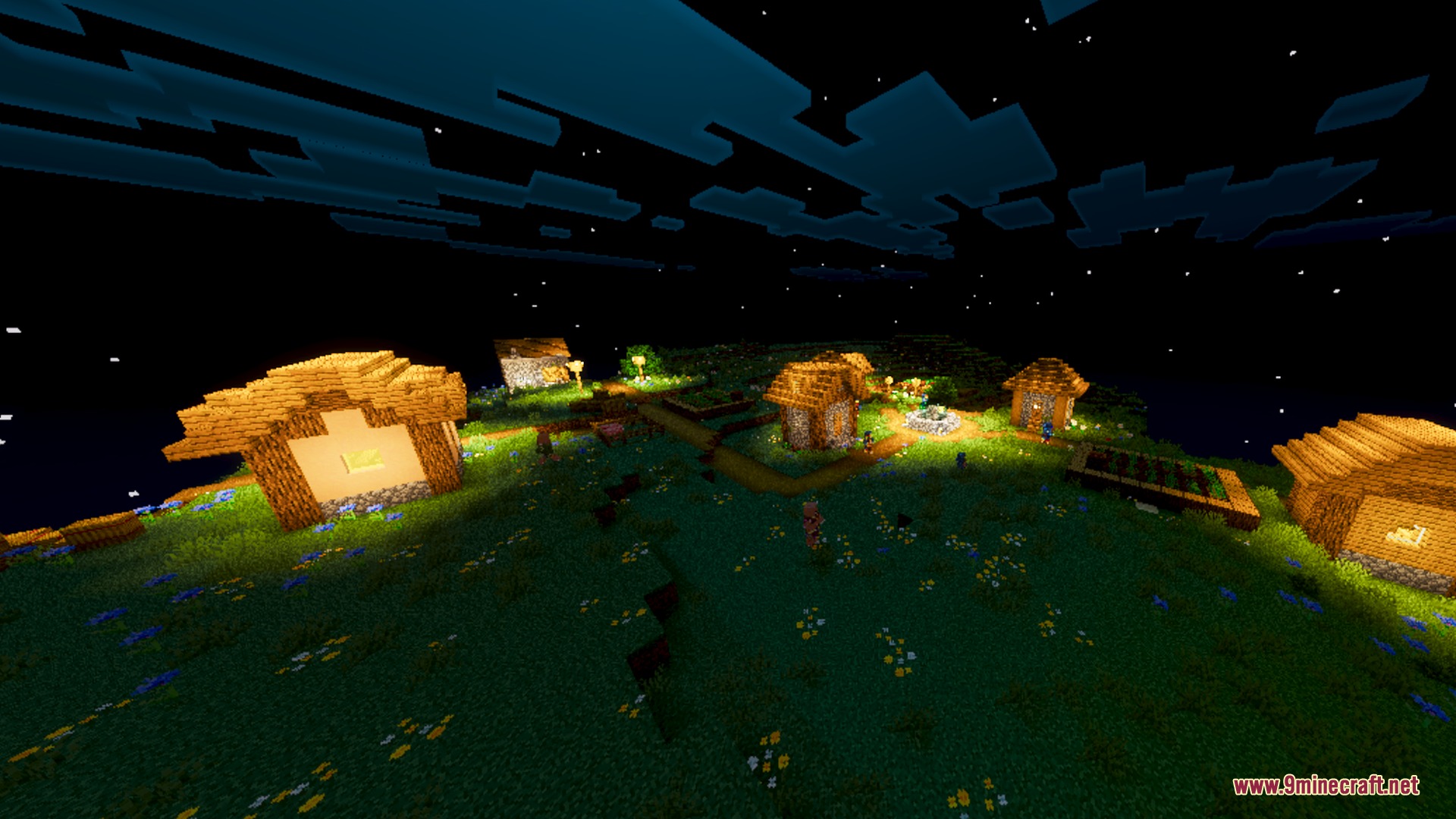 Skylix Visuals Shader Screenshot 2 A cozy village glowing with warm light under a starry night sky