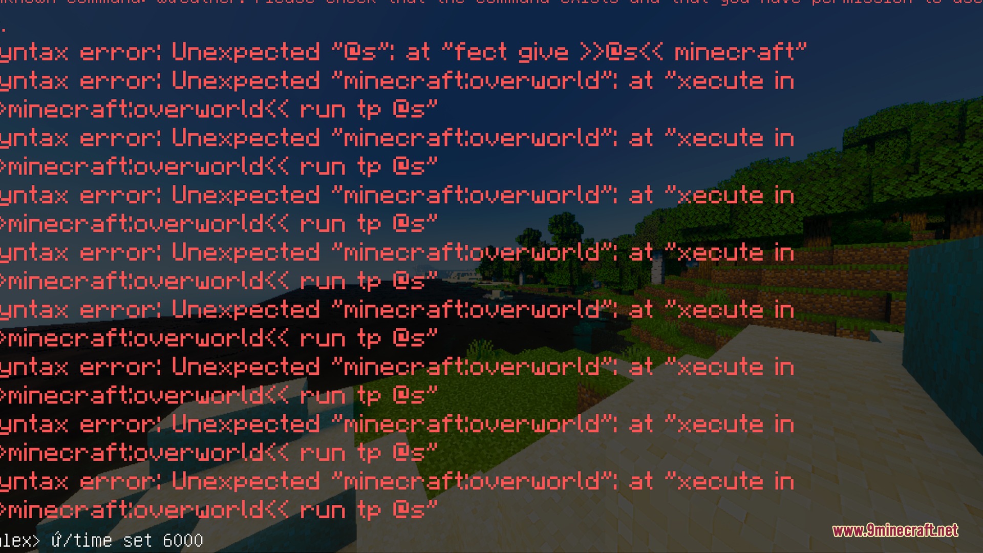 Skylix Visuals Shader Screenshot 9 Red syntax error messages appearing in the chat over a bright landscape