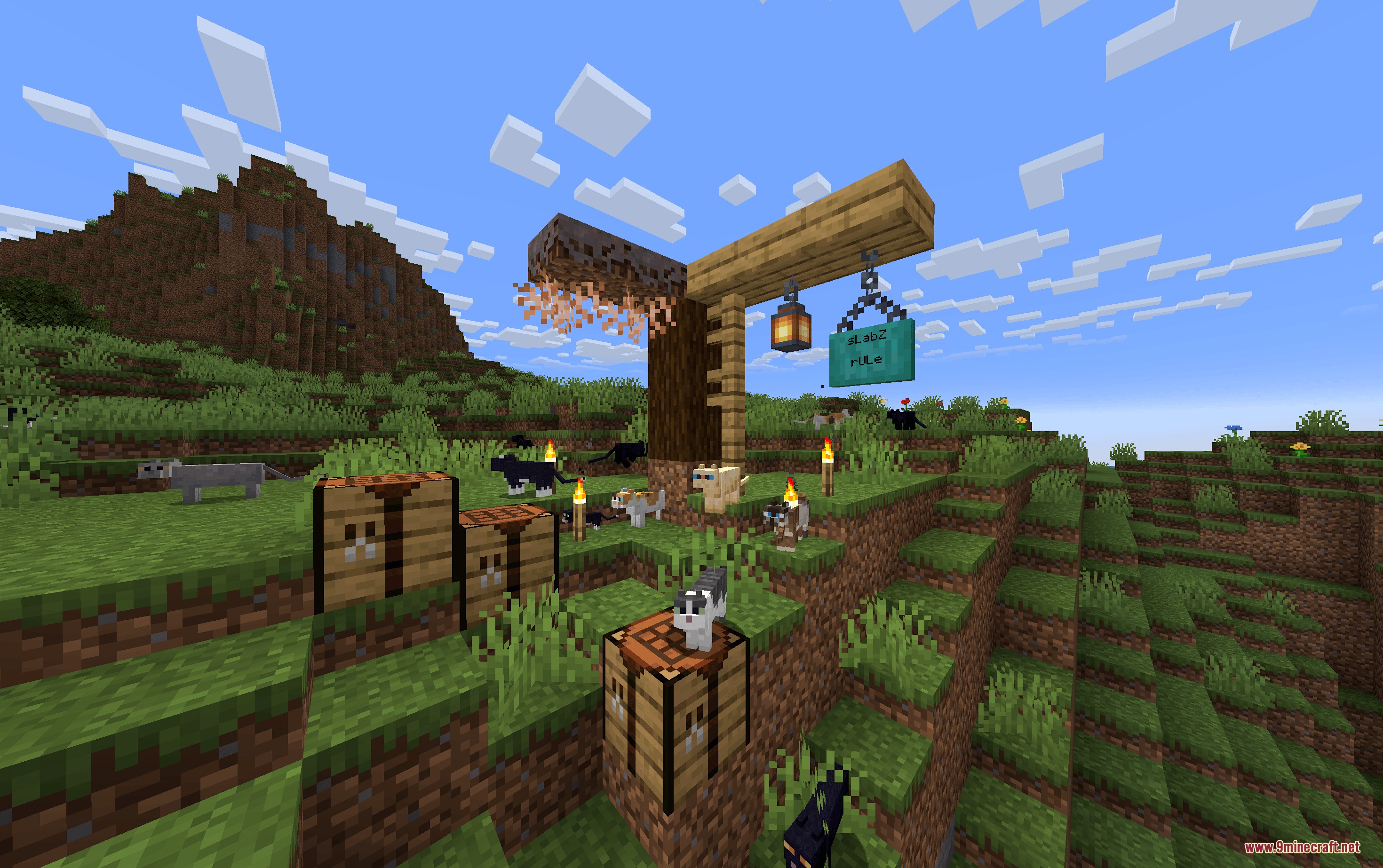 Slabbed Mod Screenshot 1 Crafting tables and torches sitting flush on slabs surrounded by many cats