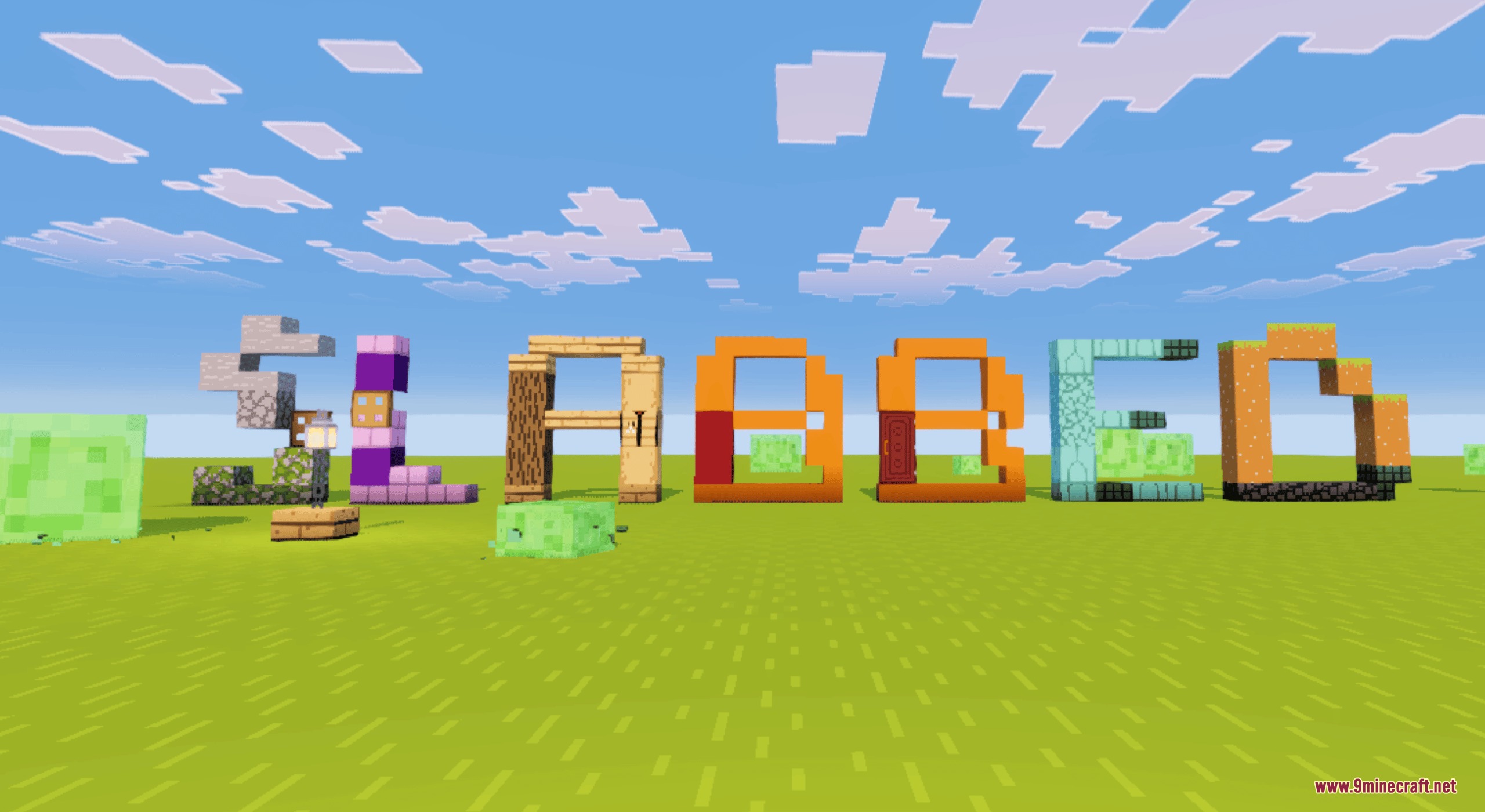 Slabbed Mod Screenshot 2 Large letters spelling the word slabbed built with various colorful Minecraft blocks