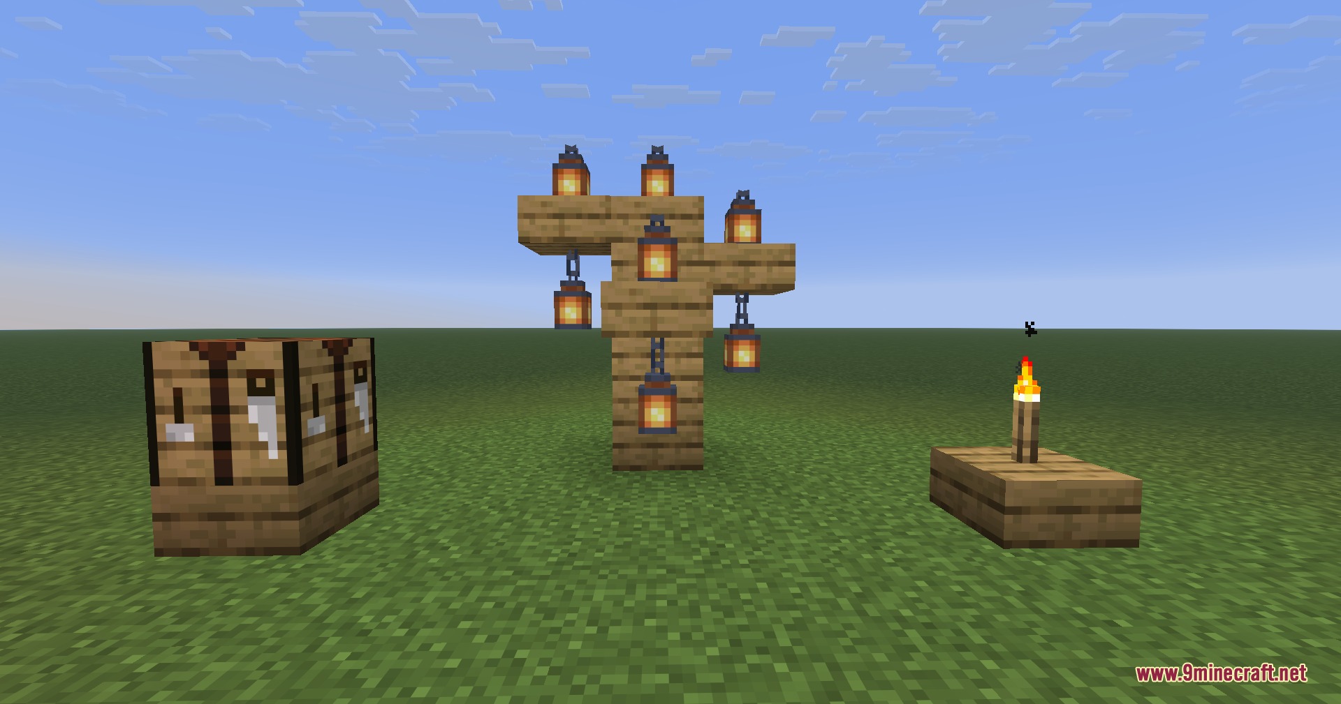 Slabbed Mod Screenshot 3 Lanterns and a crafting table sitting directly on top of wooden slabs
