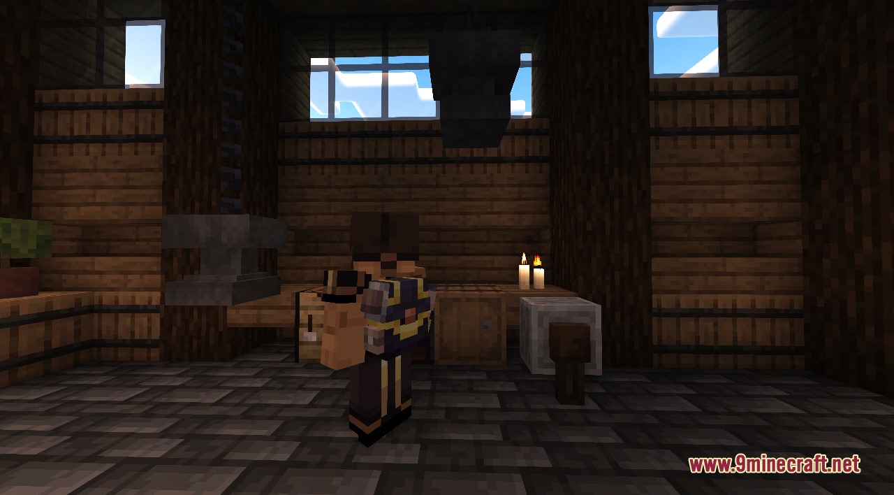 A player wearing a customizable backpack stands in a wooden workshop room