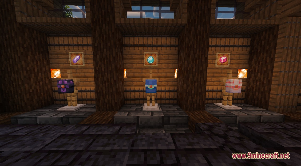 Three armor stands showcasing different colored satchels with matching items