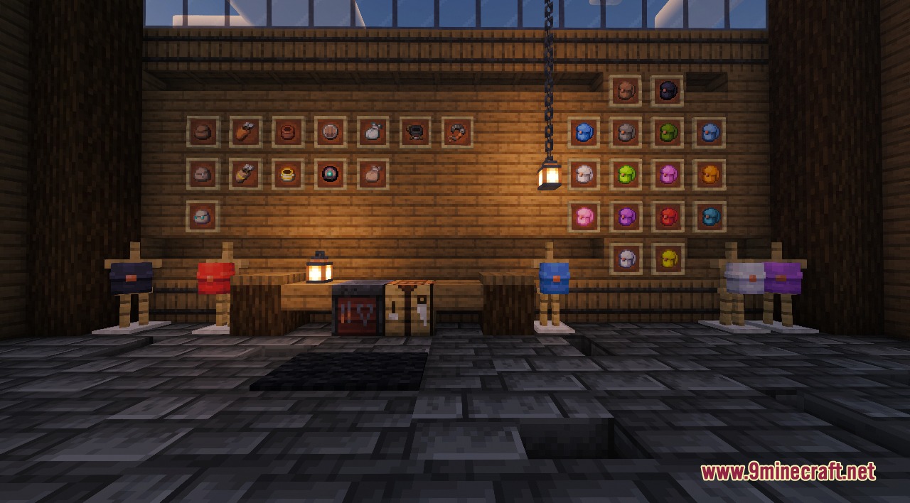 Display wall showing various colored satchels and upgrade modules on armor stands